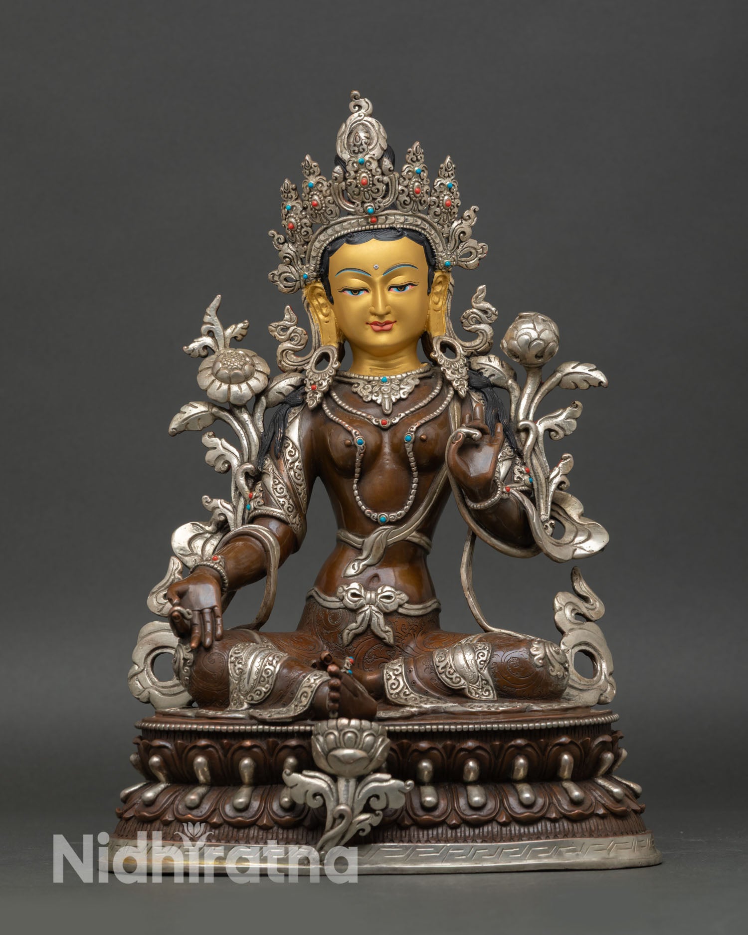 Green Tara statue handcrafted copper oxidized silver plated, double lotus throne Nepal