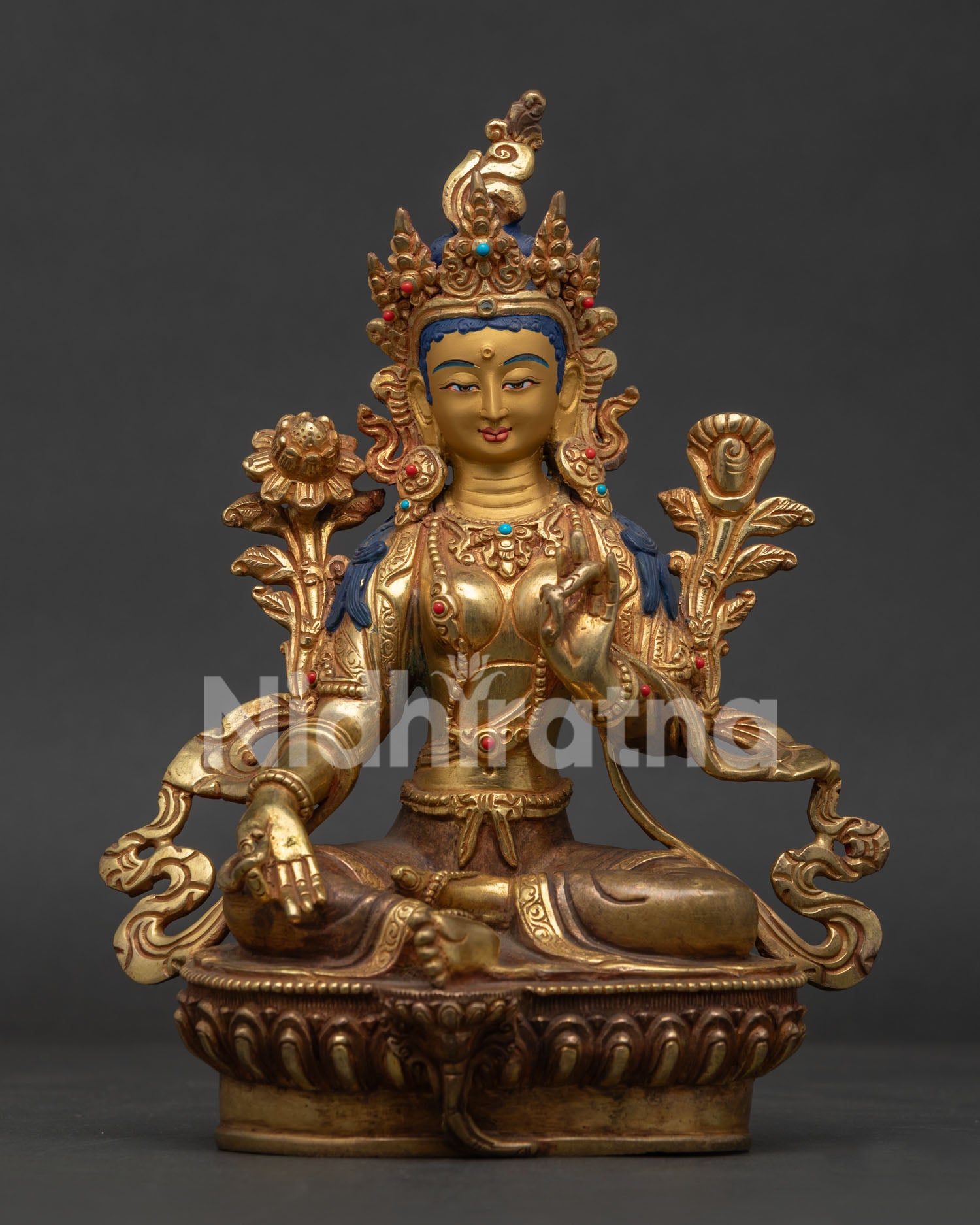 Green Tara Statue Handcrafted in Nepal with 24K Gold Fire Gilding Front View.