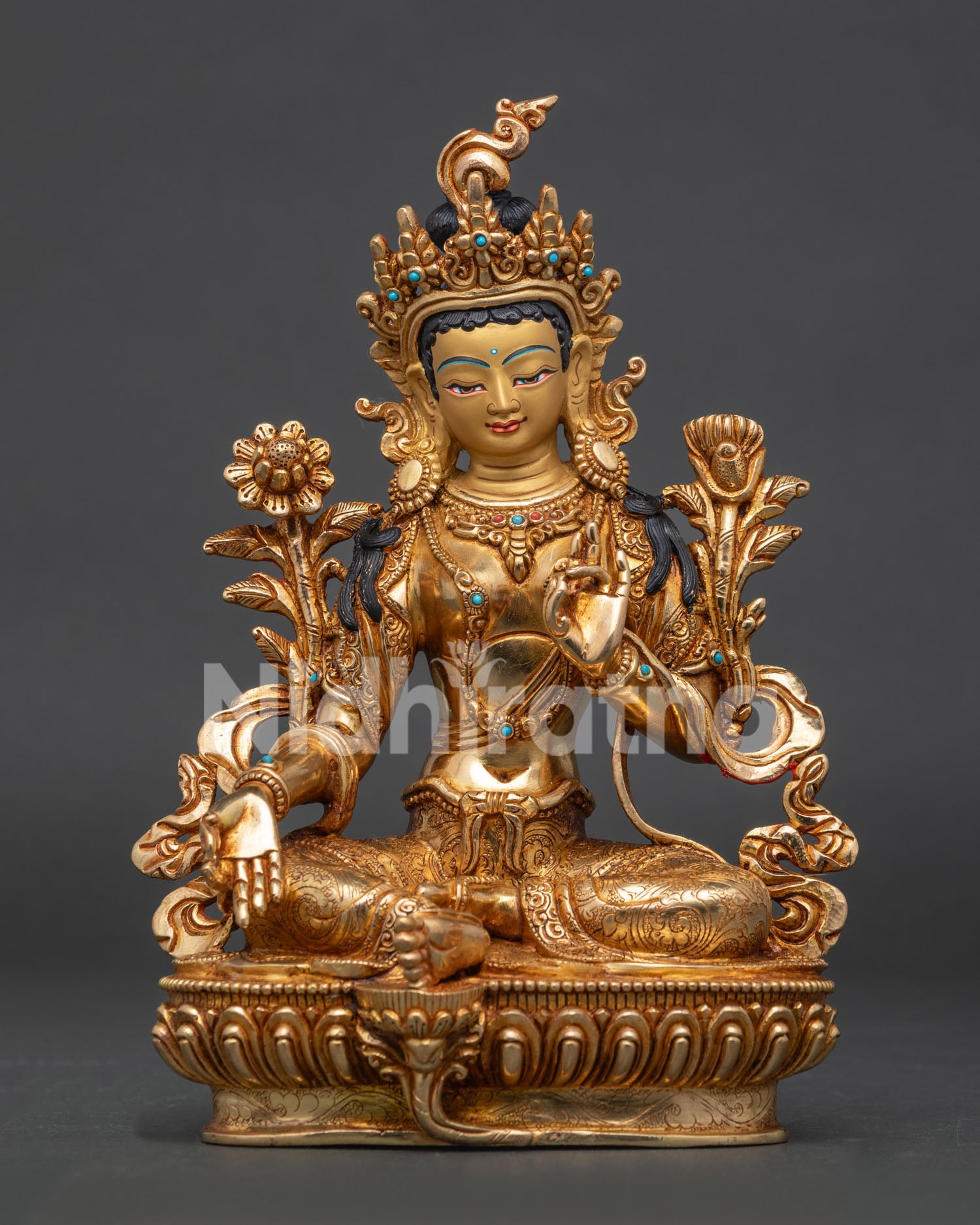 Green Tara statue, handcrafted in Nepal with 24K gold gilding and gold painted face