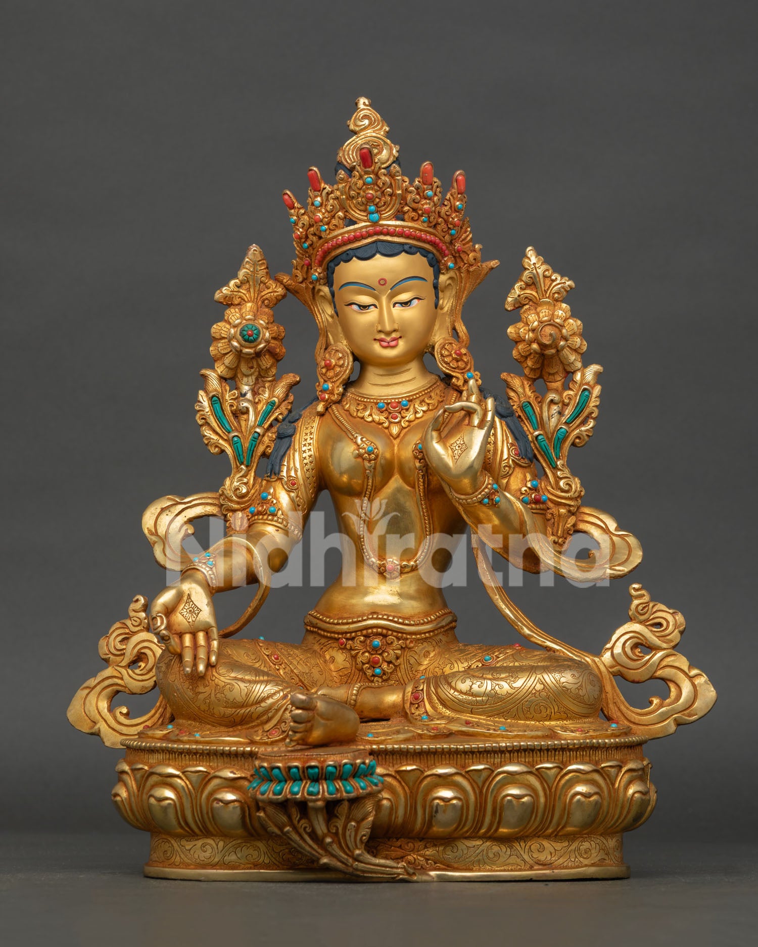 Green Tara Statue handcrafted in Nepal with gold gilding and lotus throne details