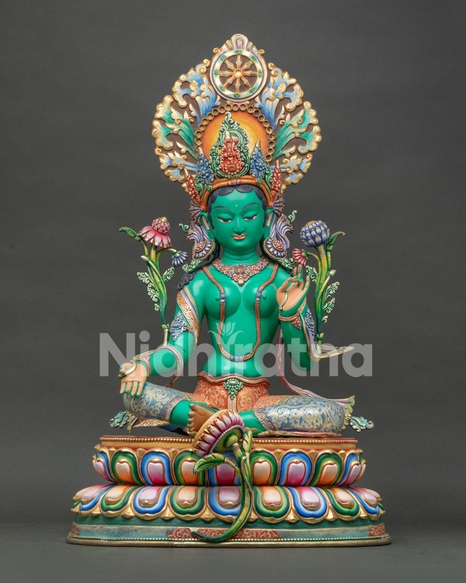 Green Tara Statue, handmade in Nepal, hand painted acrylic colors on solid copper