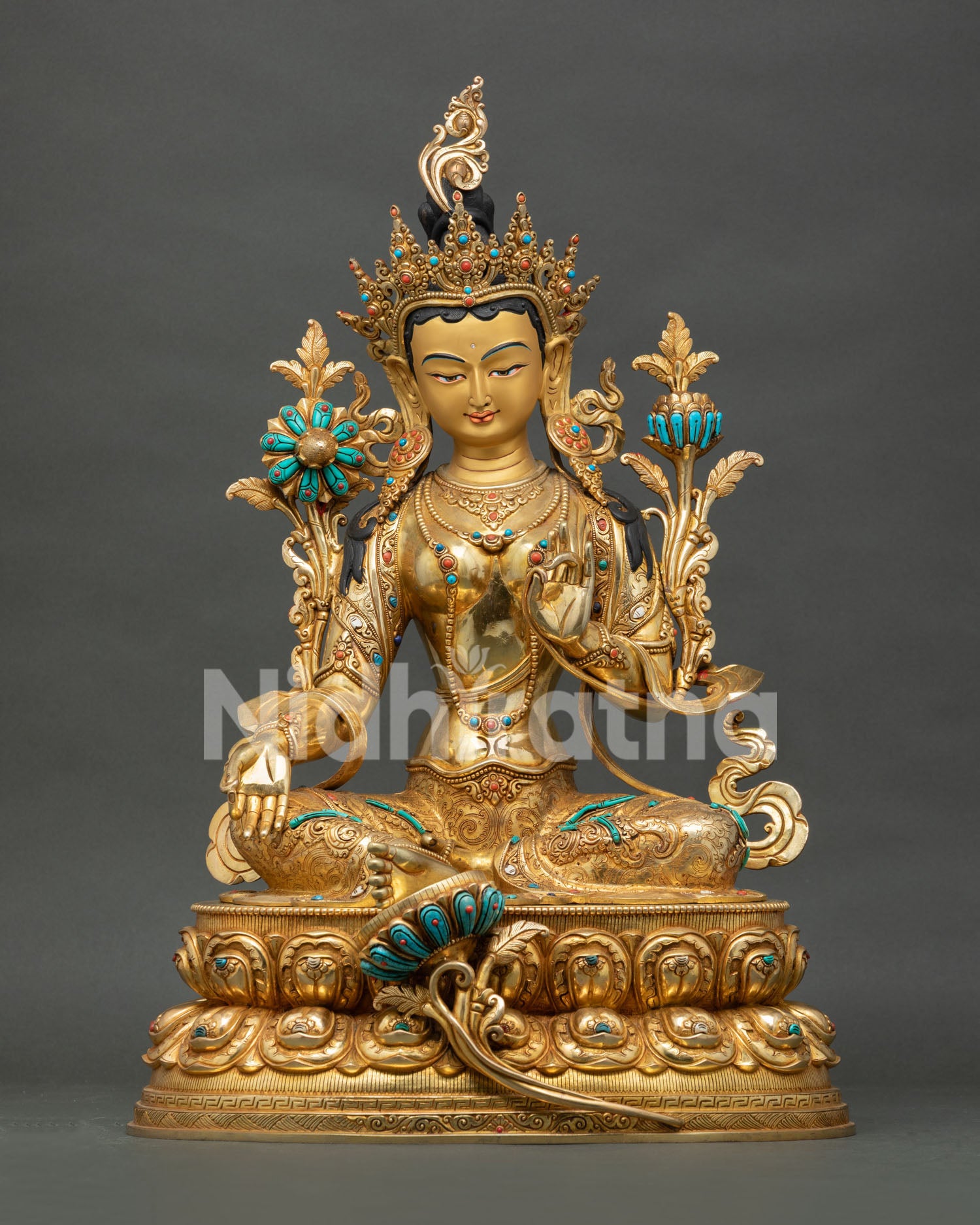 Green Tara statue, handmade in Nepal, using lost wax casting method with 24K gold gilded copper finish.
