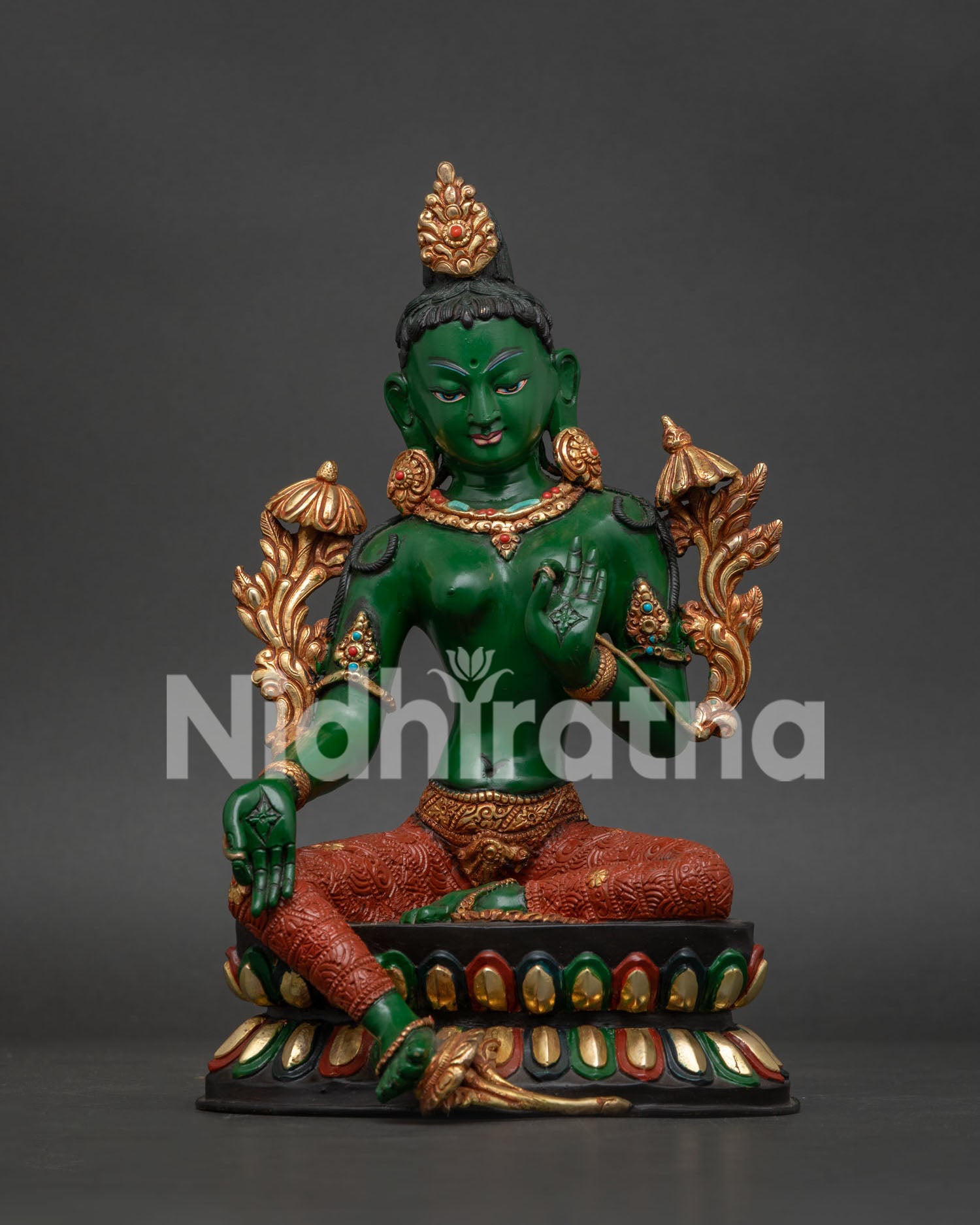 Green Tara statue in emerald green acrylic with gold gilded details front view