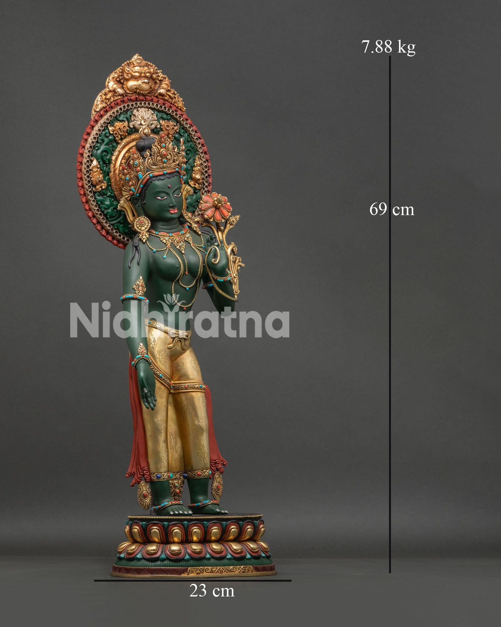 Green Tara Statue in tribhanga posture with gold-gilded finish and lost-wax casting detail