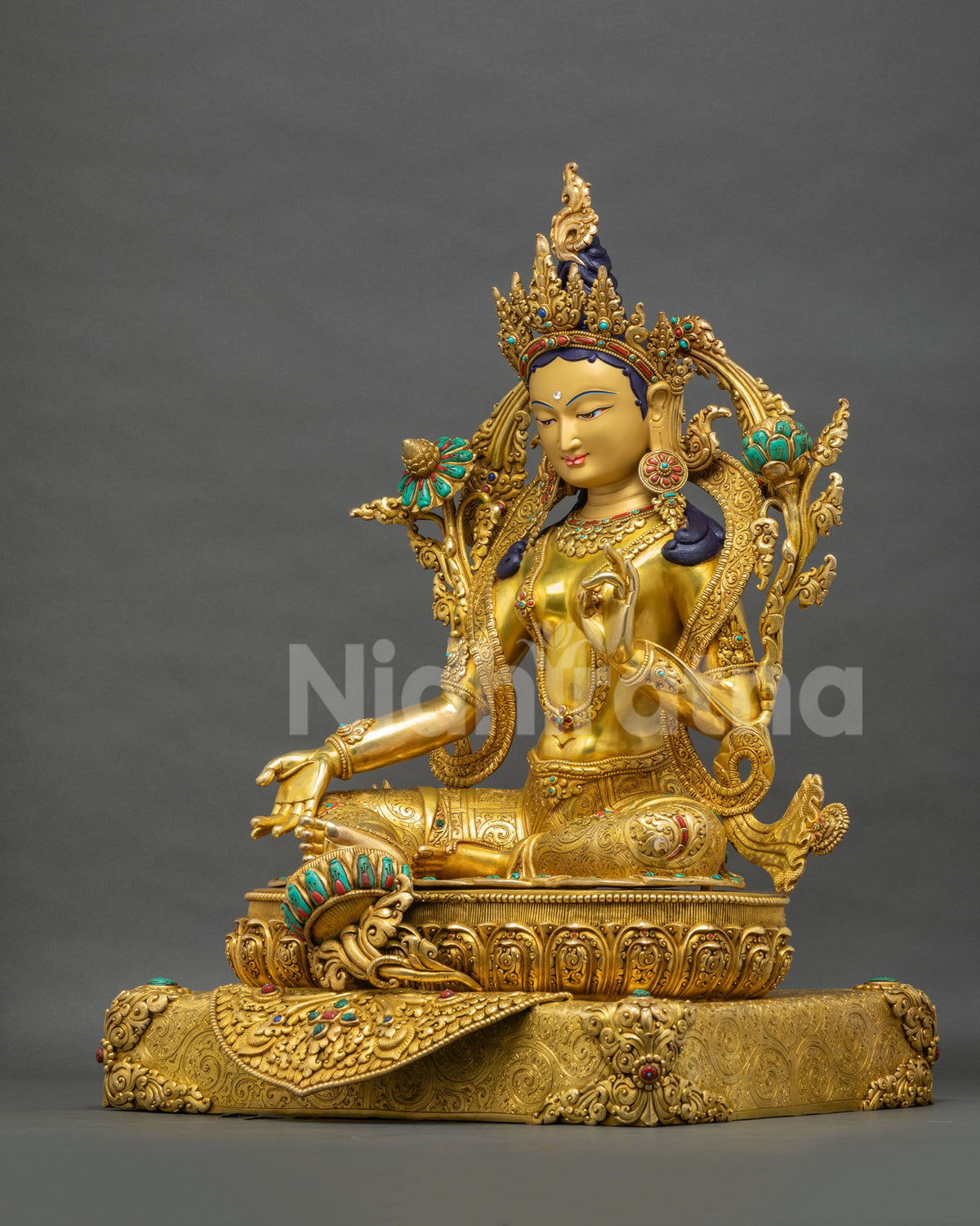 Green Tara Statue left side view, 24K gold-gilded copper sculpture