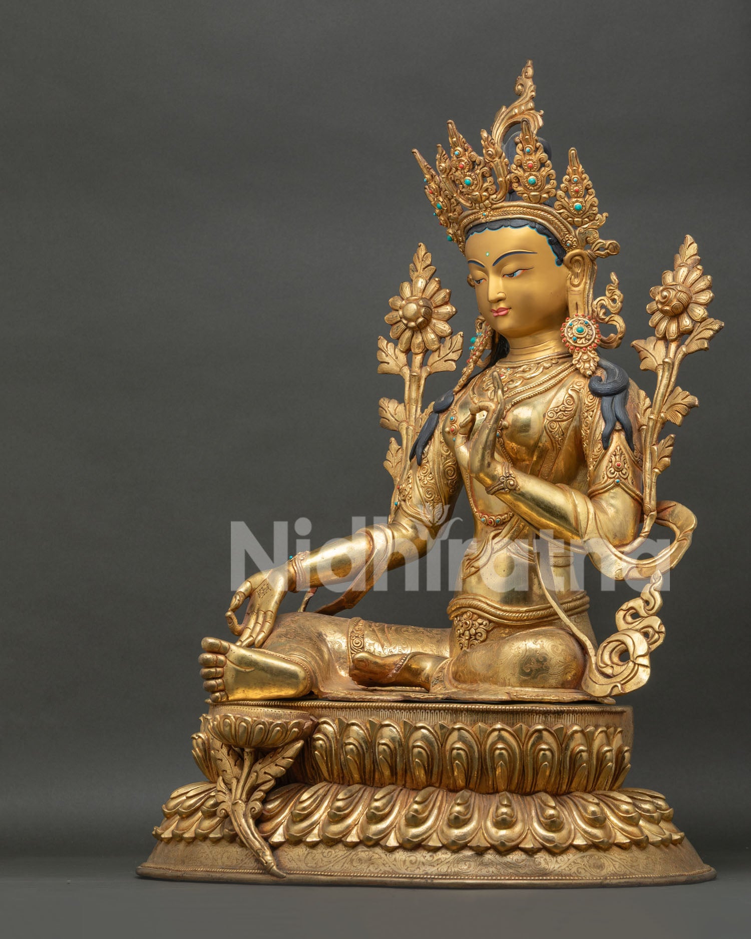 Green Tara Statue Left Side View Gold Fire Gilded Copper Lotus Throne Nepal 26-Inch