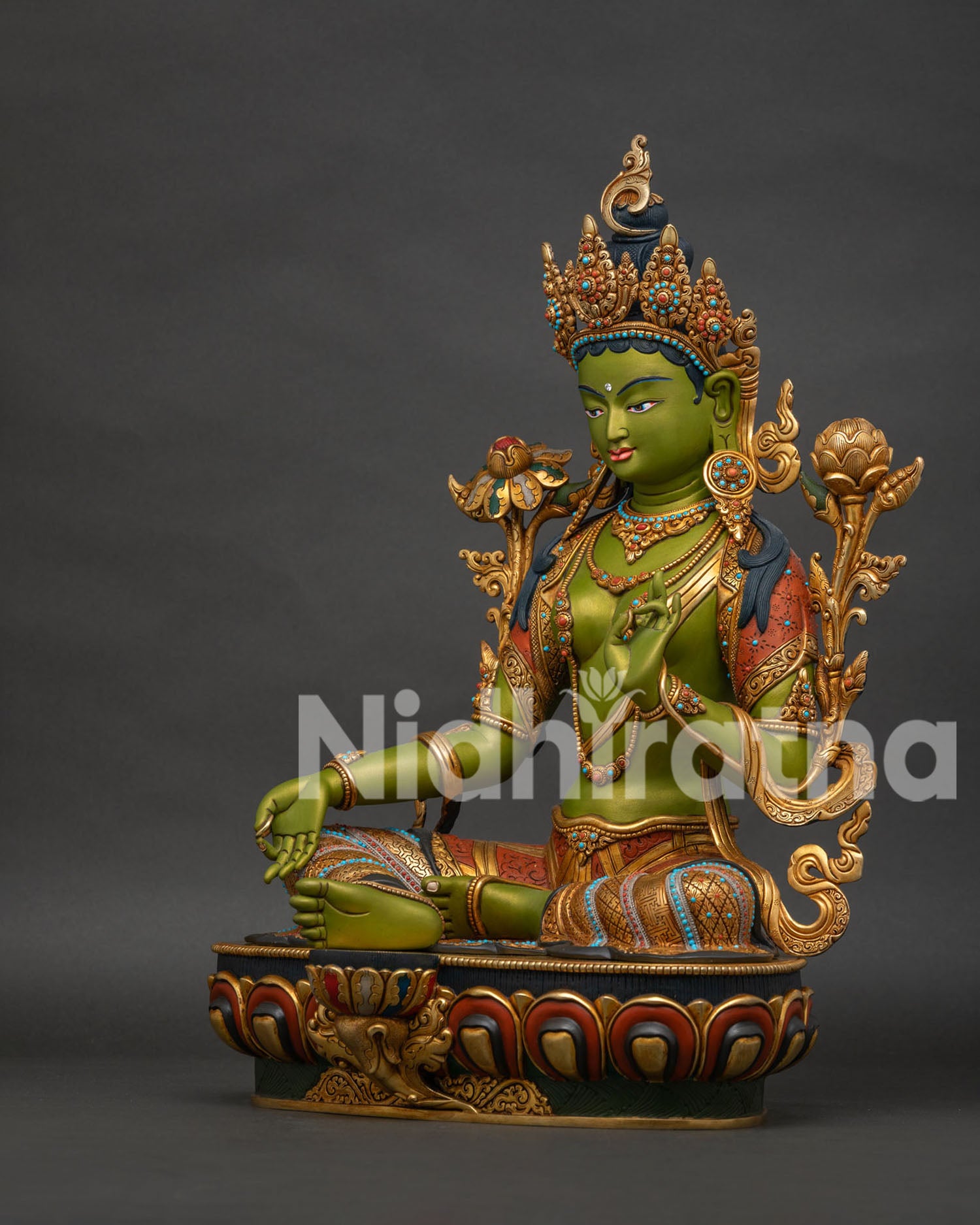 Green Tara statue left side view – hand-painted gold-gilded copper sculpture