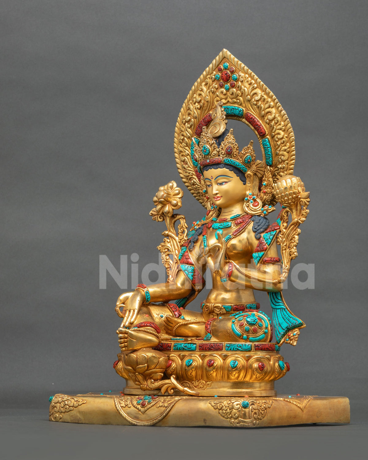 Green Tara statue left side view, handcrafted 24K gold fire gilded copper Buddhist sculpture