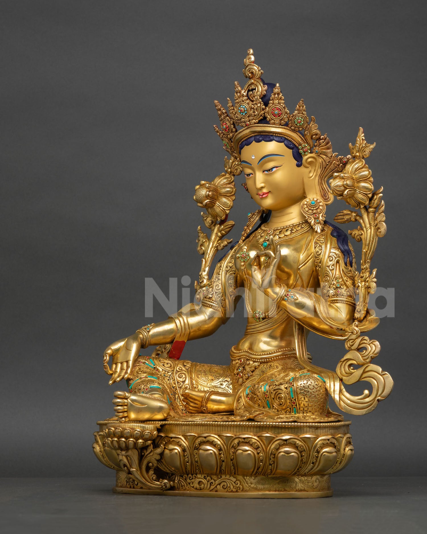Green Tara Statue Left Side View Handmade Nepal Art with Intricate Ornament Details