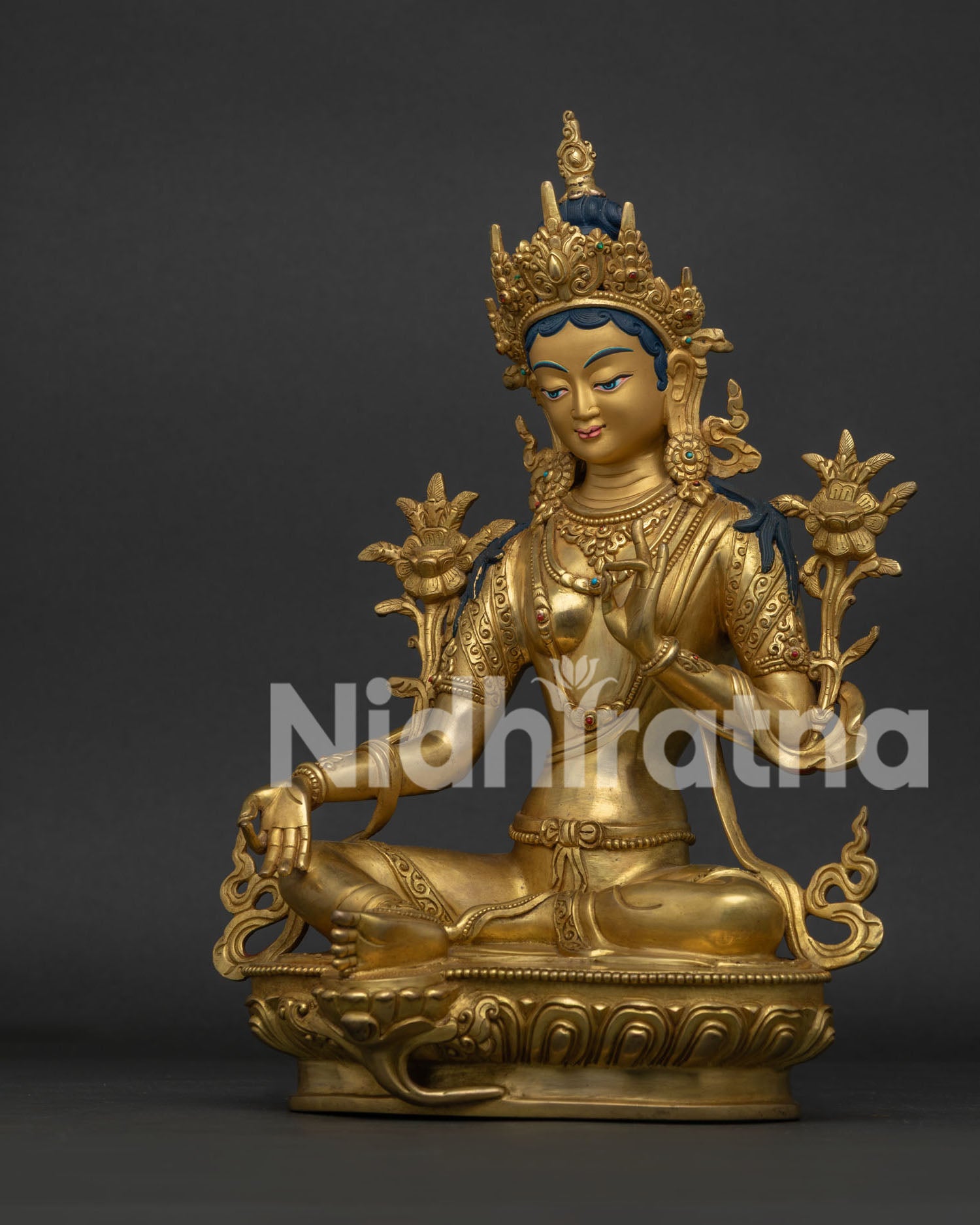 Green Tara Statue left view side copper gold gilded Tara statue