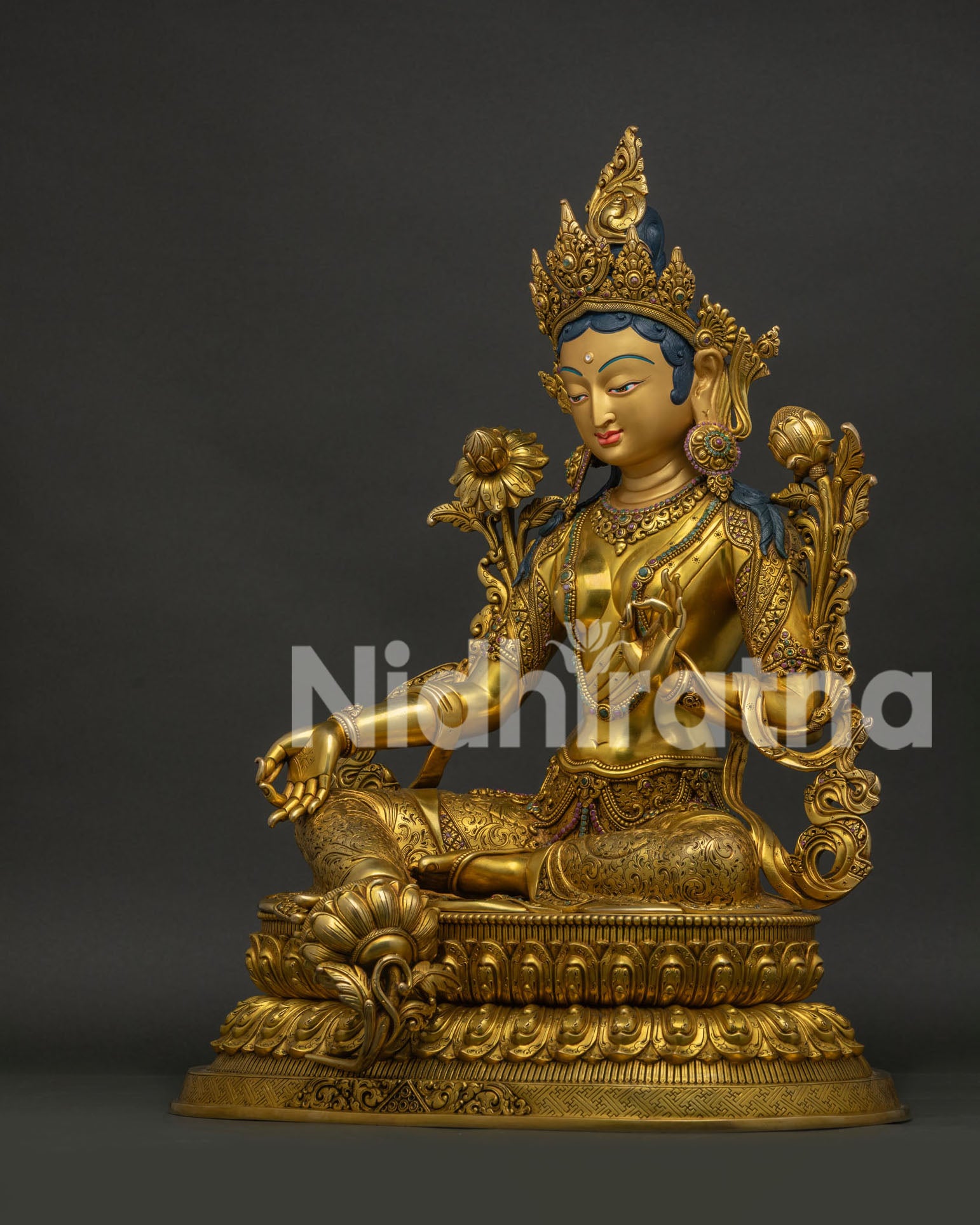 Green Tara Statue left view side showing handcrafted Newari artistic details
