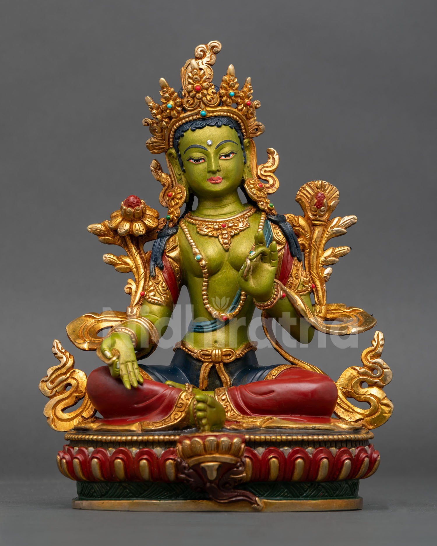 green tara statue nepal handcrafted copper gold gilded buddhist goddess front view lotus pedestal sculpture