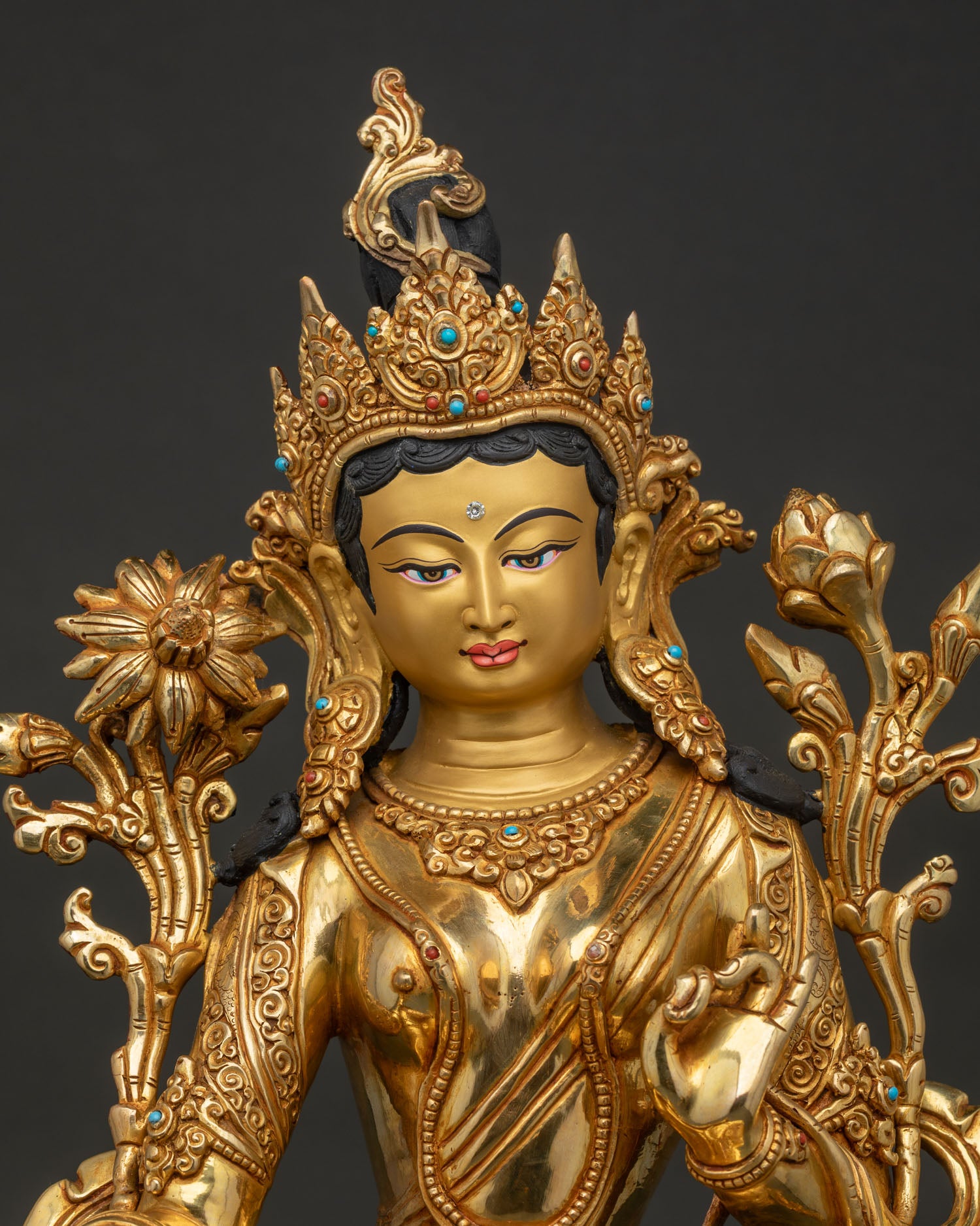 Green Tara Statue Regular Close Up with 24K Gold Fire Gilding and Semi Precious Stone Details