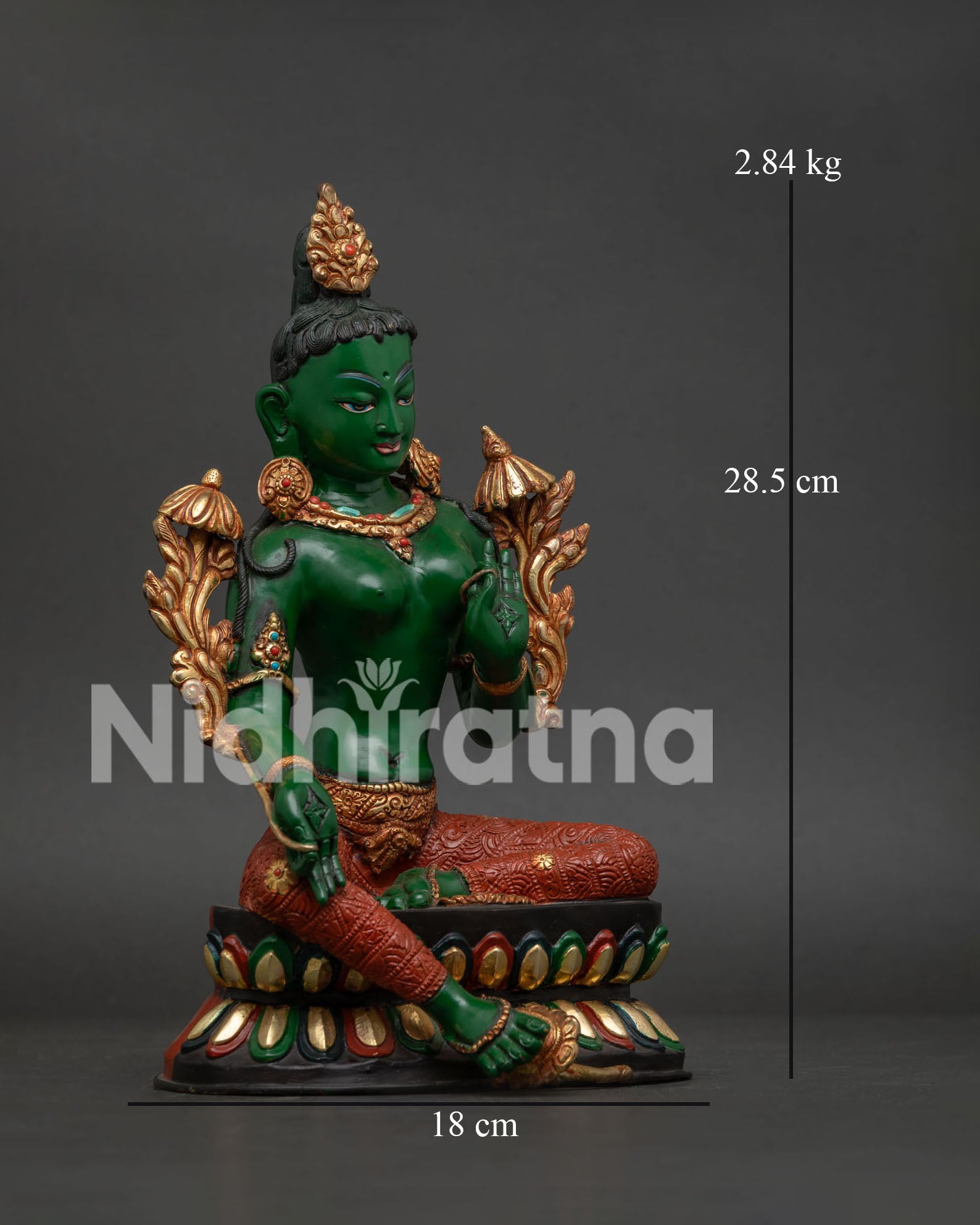 Green Tara statue right side showing lotus seat ornate jewelry and carved details