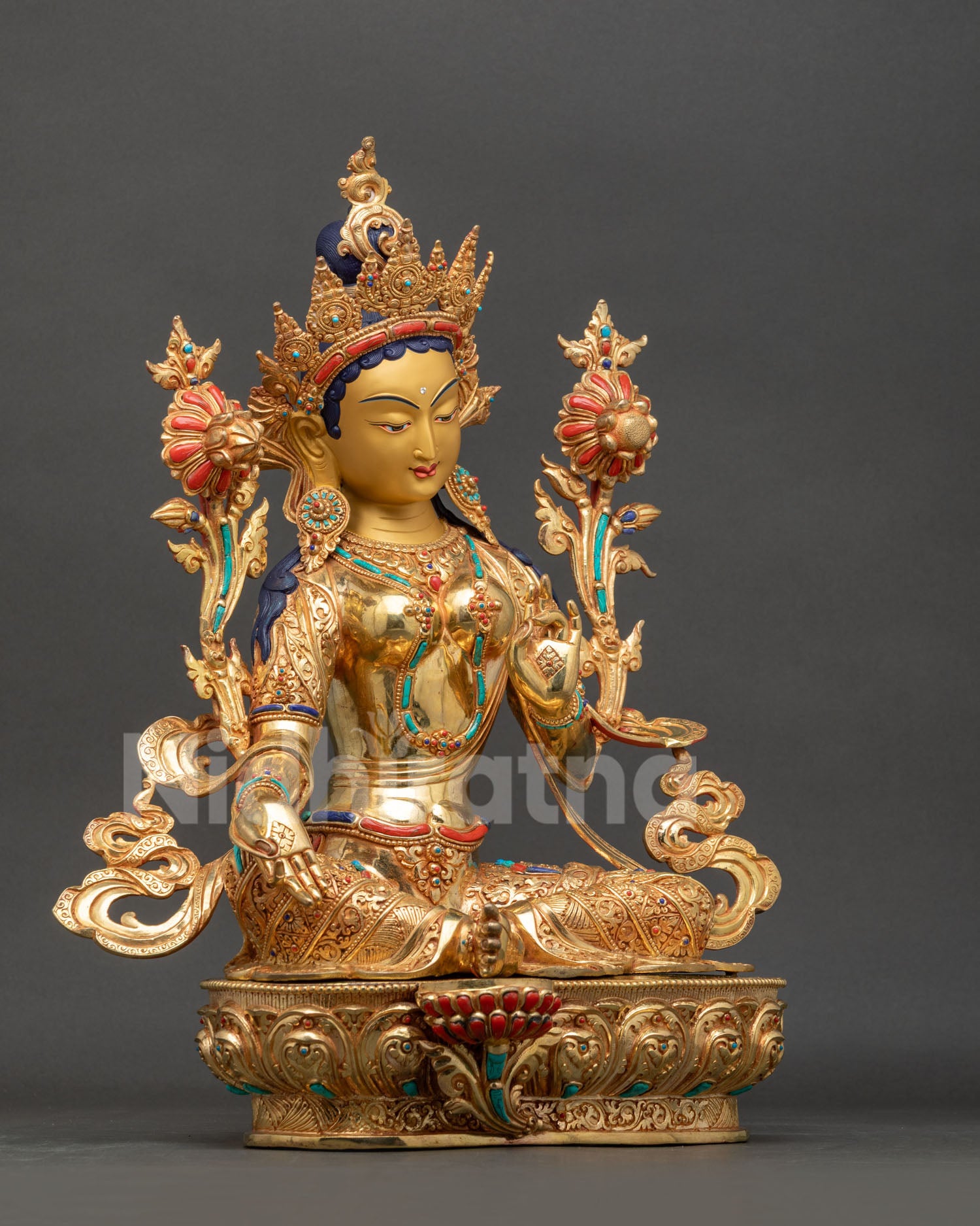 Green Tara Statue right side view, gold fire-gilded copper detailing