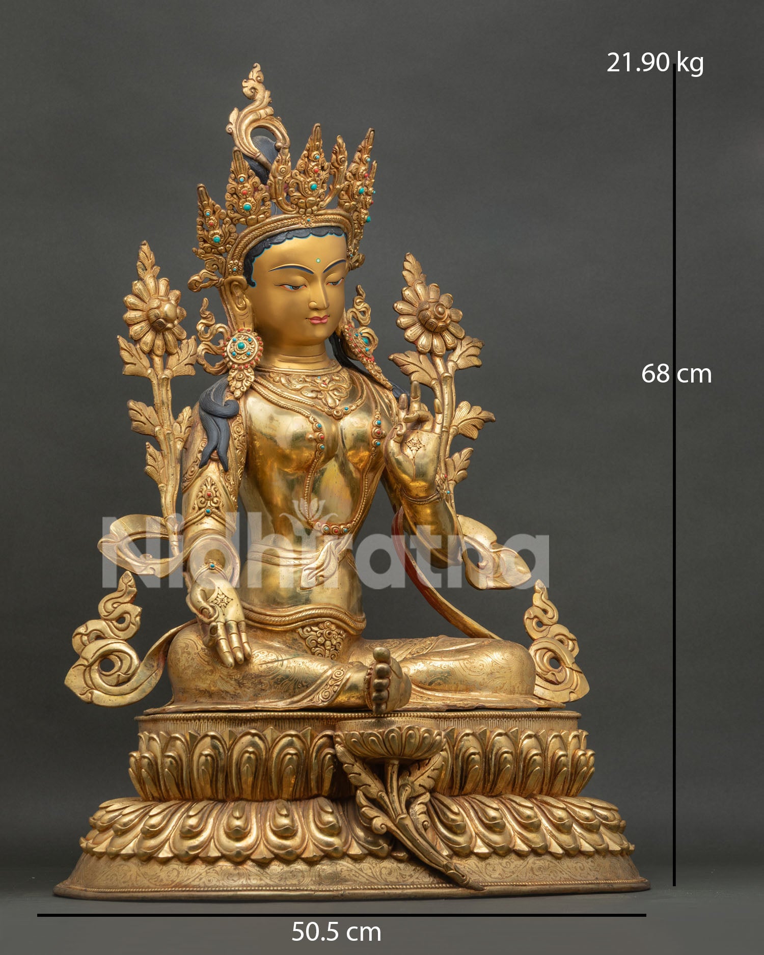 Green Tara Statue Right Side View Gold Fire Gilded Copper Lotus Throne Nepal 26-Inch