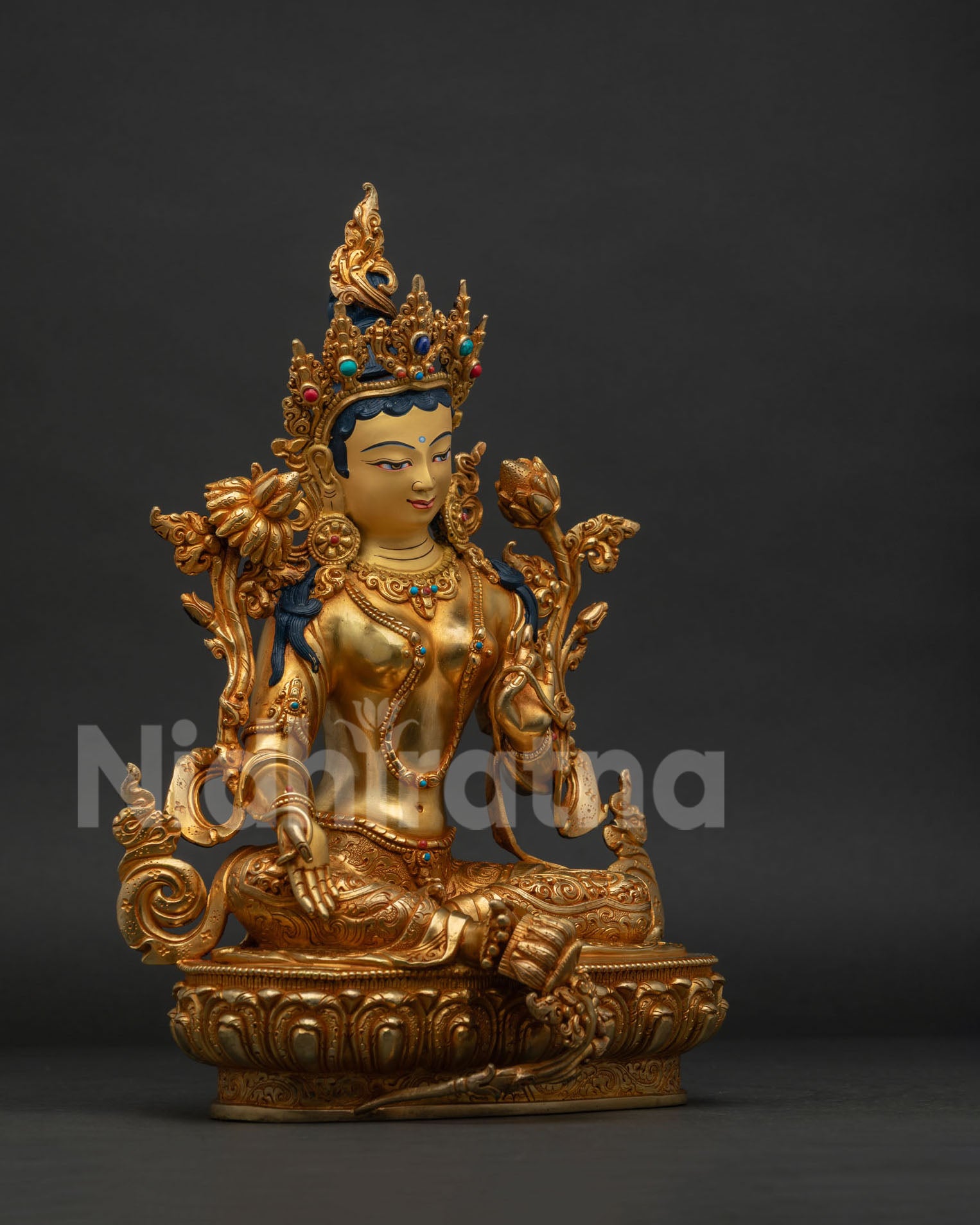 Green Tara Statue right side view, handcrafted copper Buddhist deity sculpture