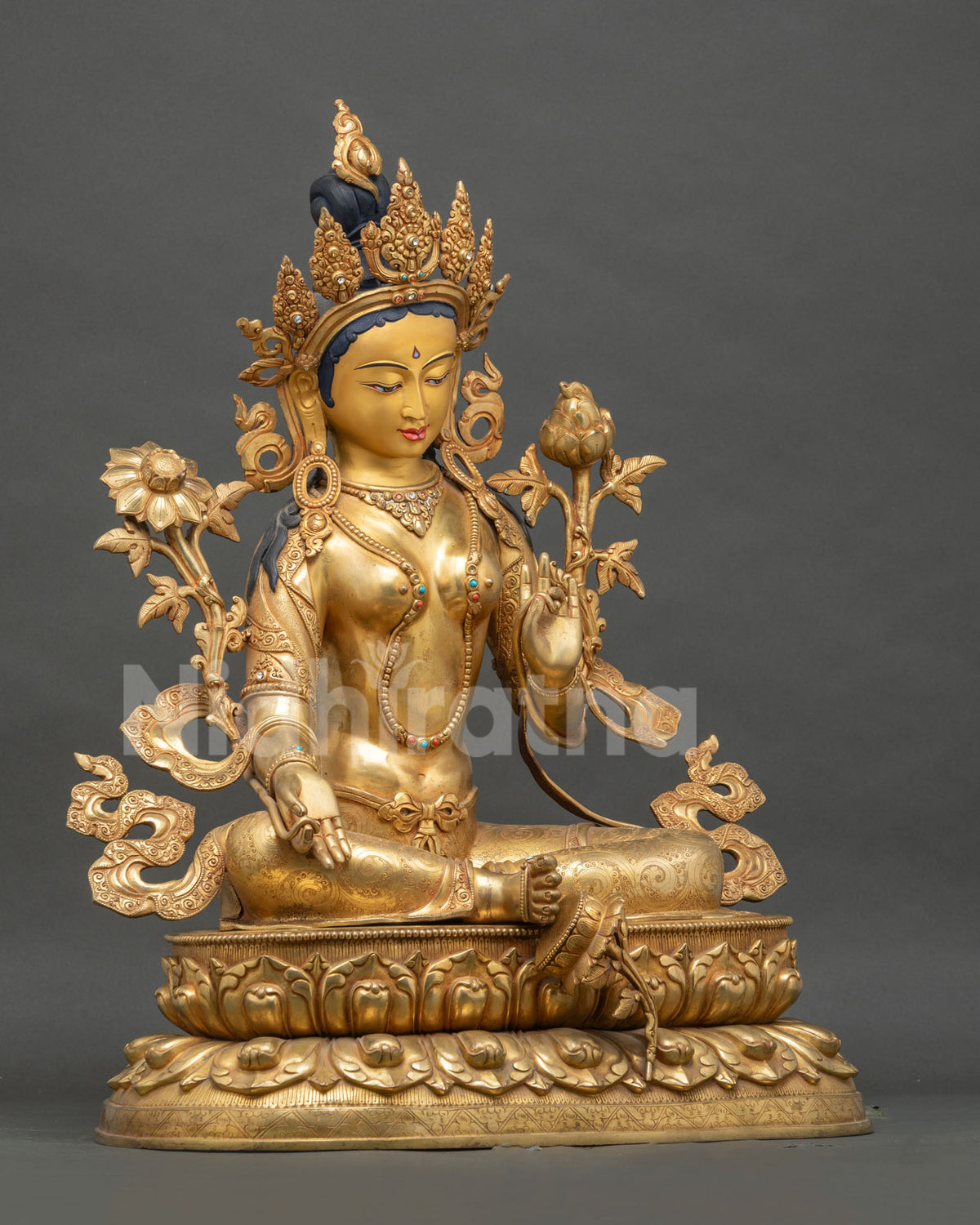 Green Tara Statue right side view – Lalitasana pose on double lotus pedestal