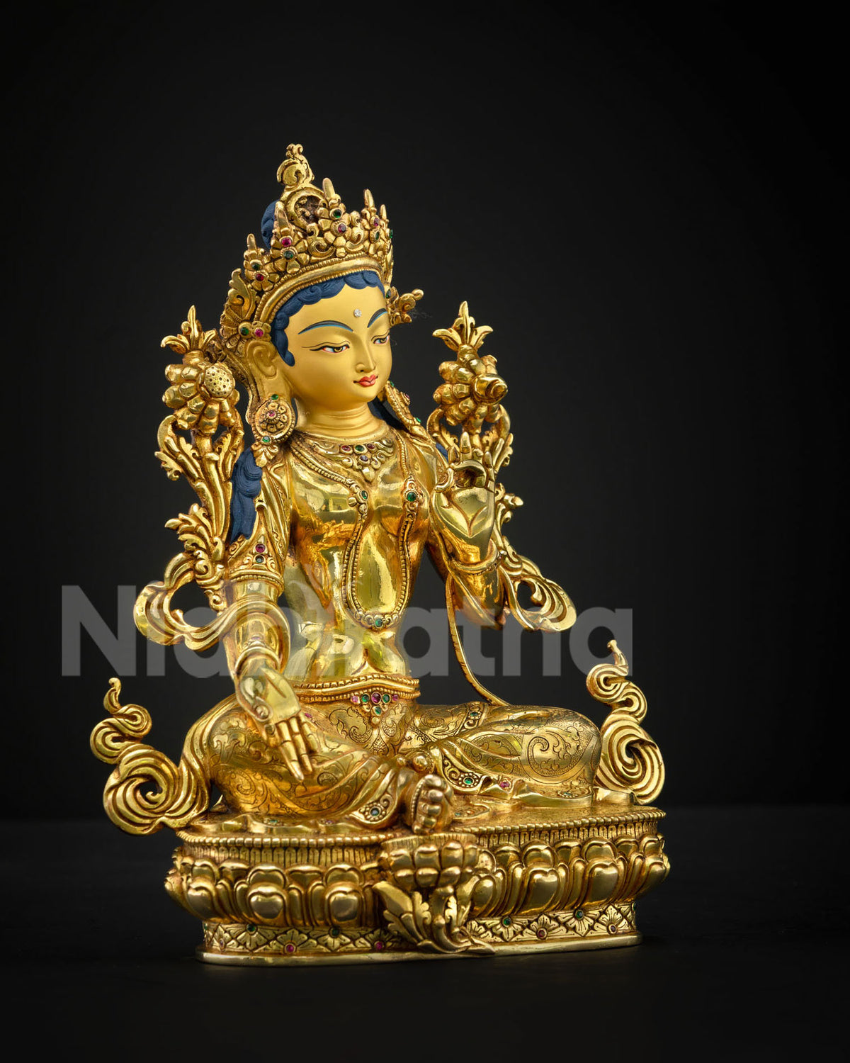 Green Tara Statue Right Side View, Nepali Handmade Copper Buddhist Sculpture