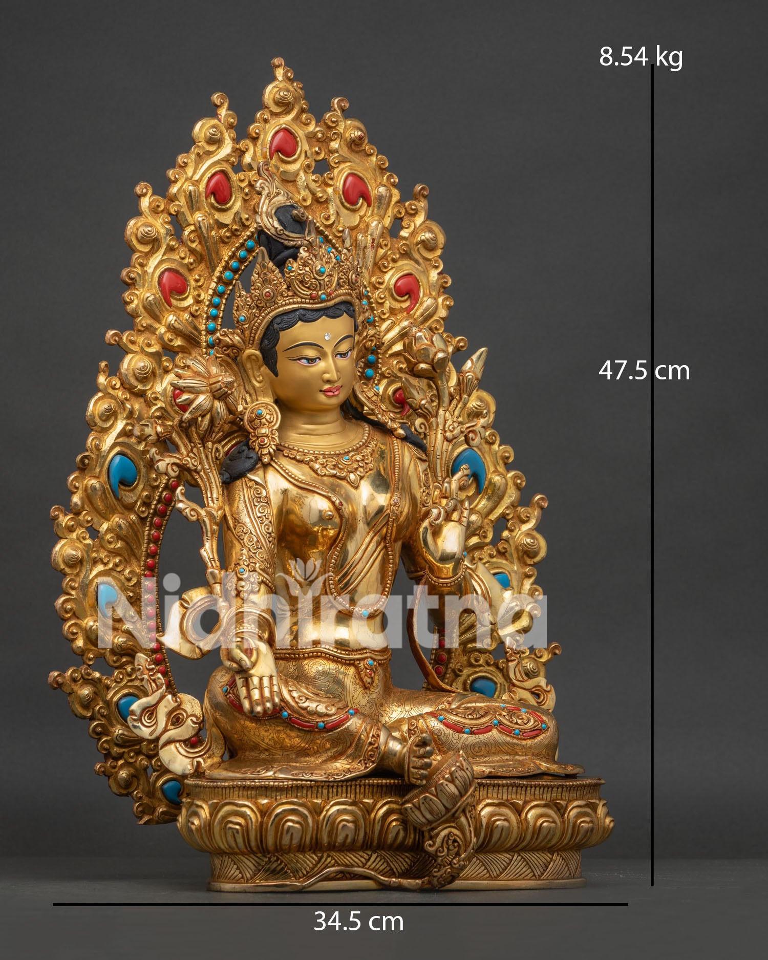 Green Tara Statue Right View Showing Lotus Seat Flowery Halo and Intricate Handcrafted Ornaments