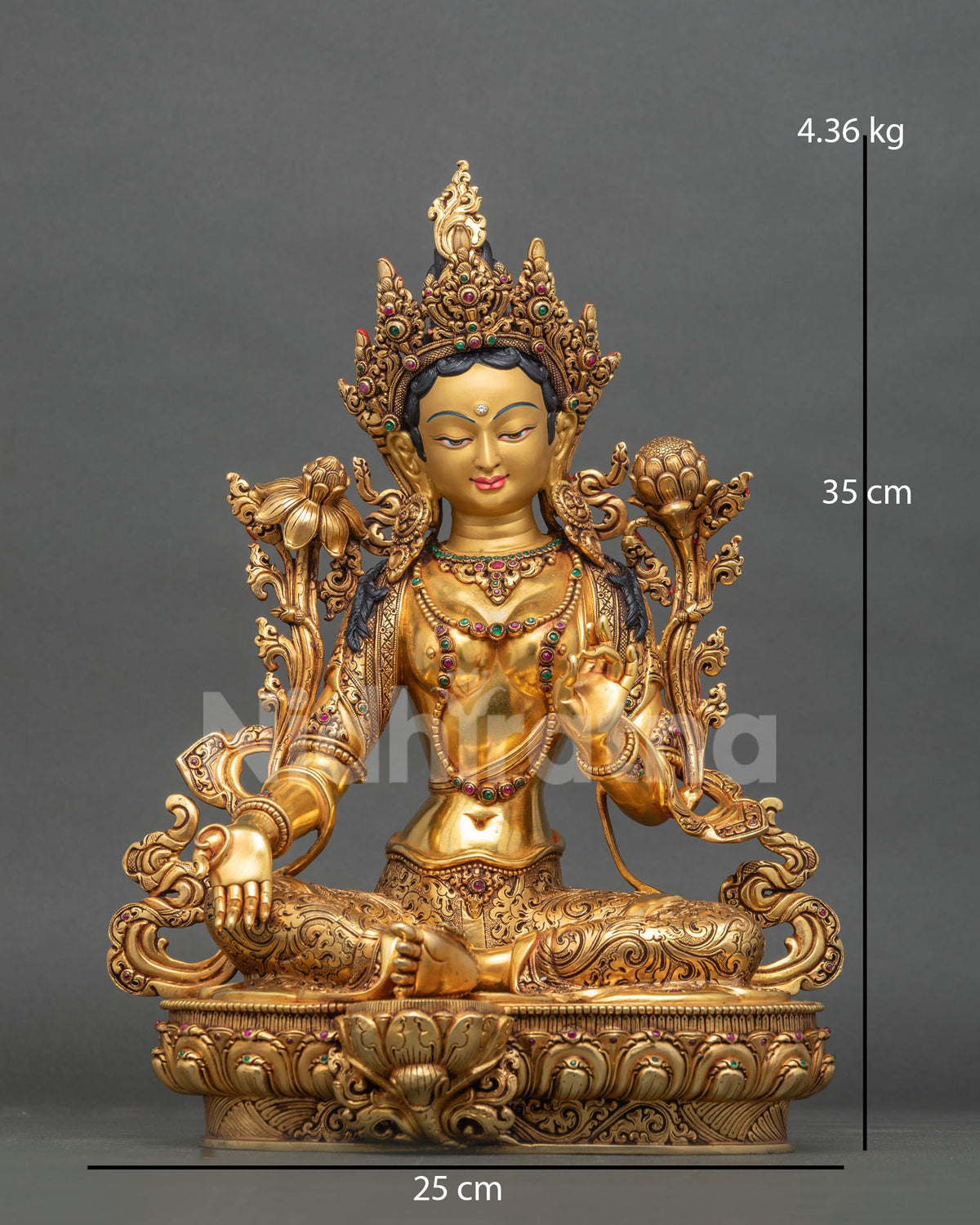 Green Tara statue seated in royal ease on lotus throne, 24K gold fire-gilded copper from Nepal