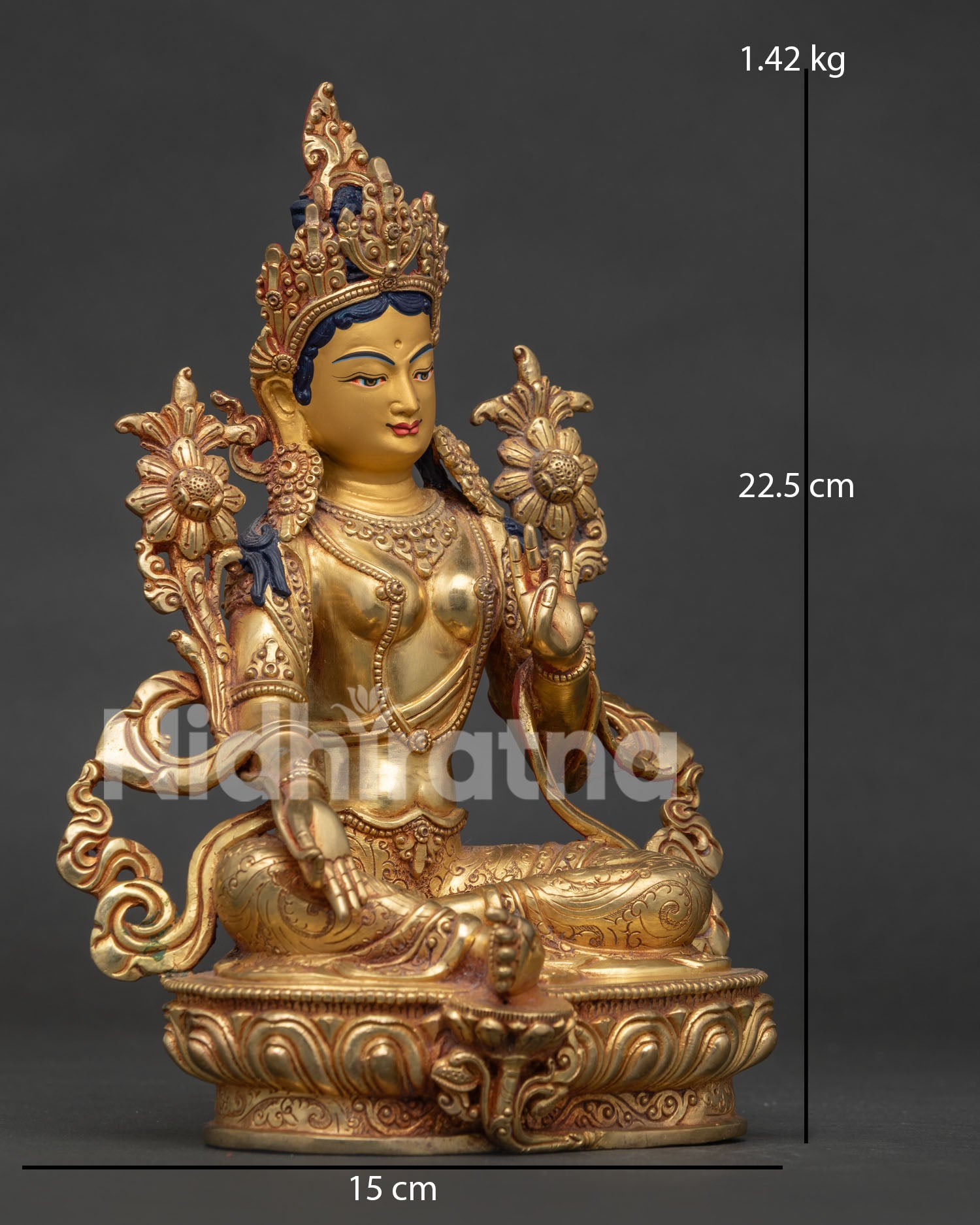 Green Tara Statue Seated on Lotus Pedestal with Right Leg Extended.