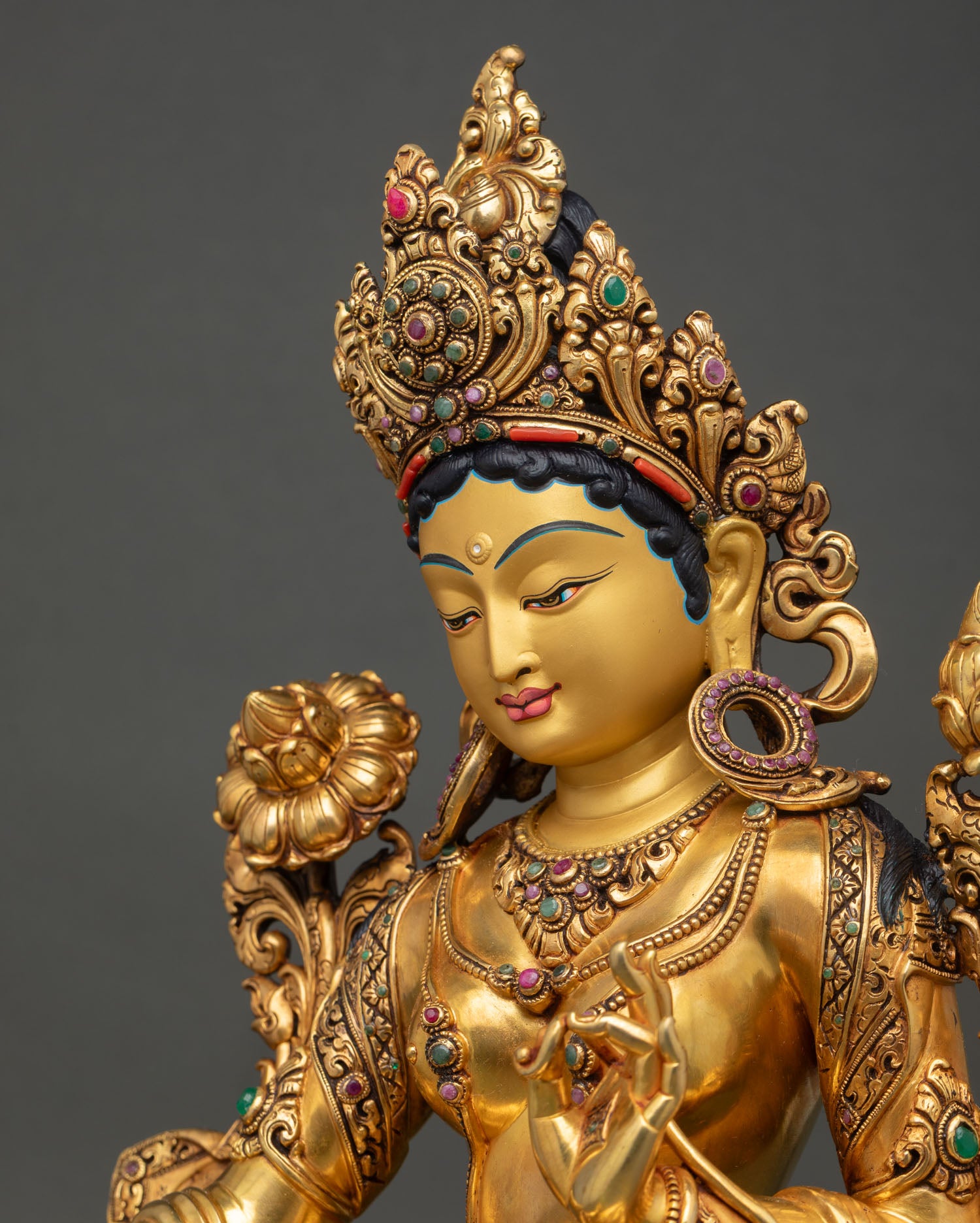 green tara statue side close up detailed crown jewelry turquoise coral inlay fine craftsmanship
