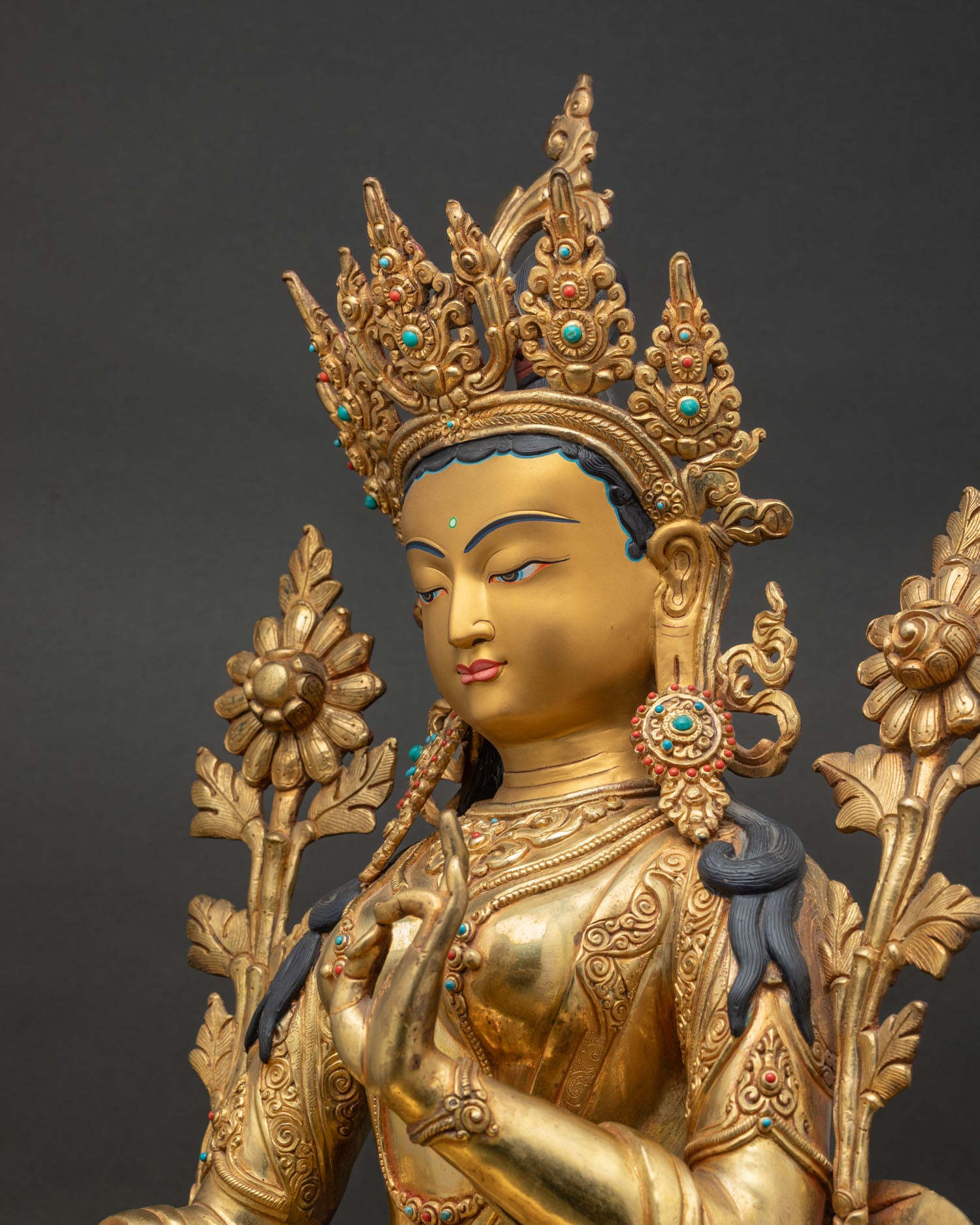 Green Tara Statue Side Close-Up Semi-Precious Stone Inlay Gold Gilded Copper Nepal