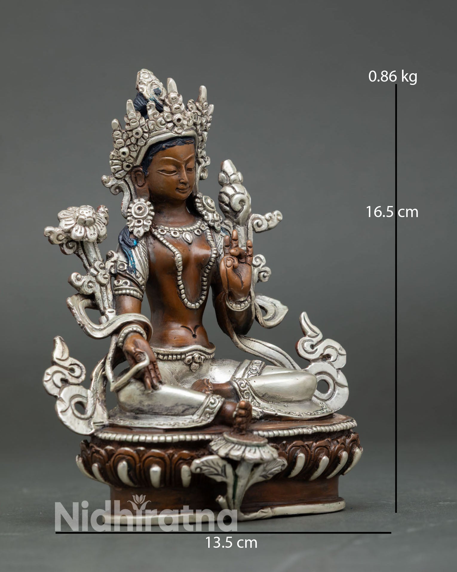 Green Tara statue side view lotus posture extended leg Varada Mudra copper oxidized silver Nepal