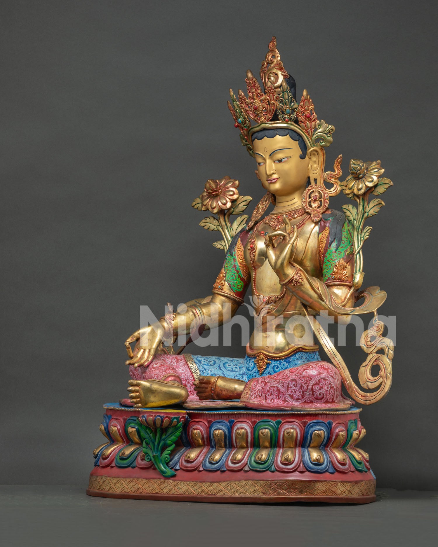 Green Tara statue with 24K gold fire gilded finish multicolor acrylic and lotus throne