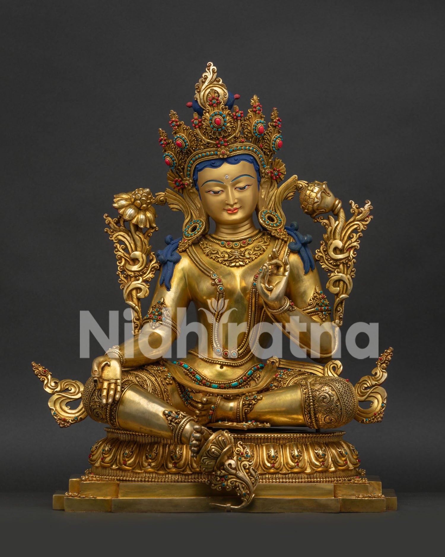 Green Tara Statue with 24K Gold Fire Gilding Handcrafted in Nepal for Meditation and Prayer