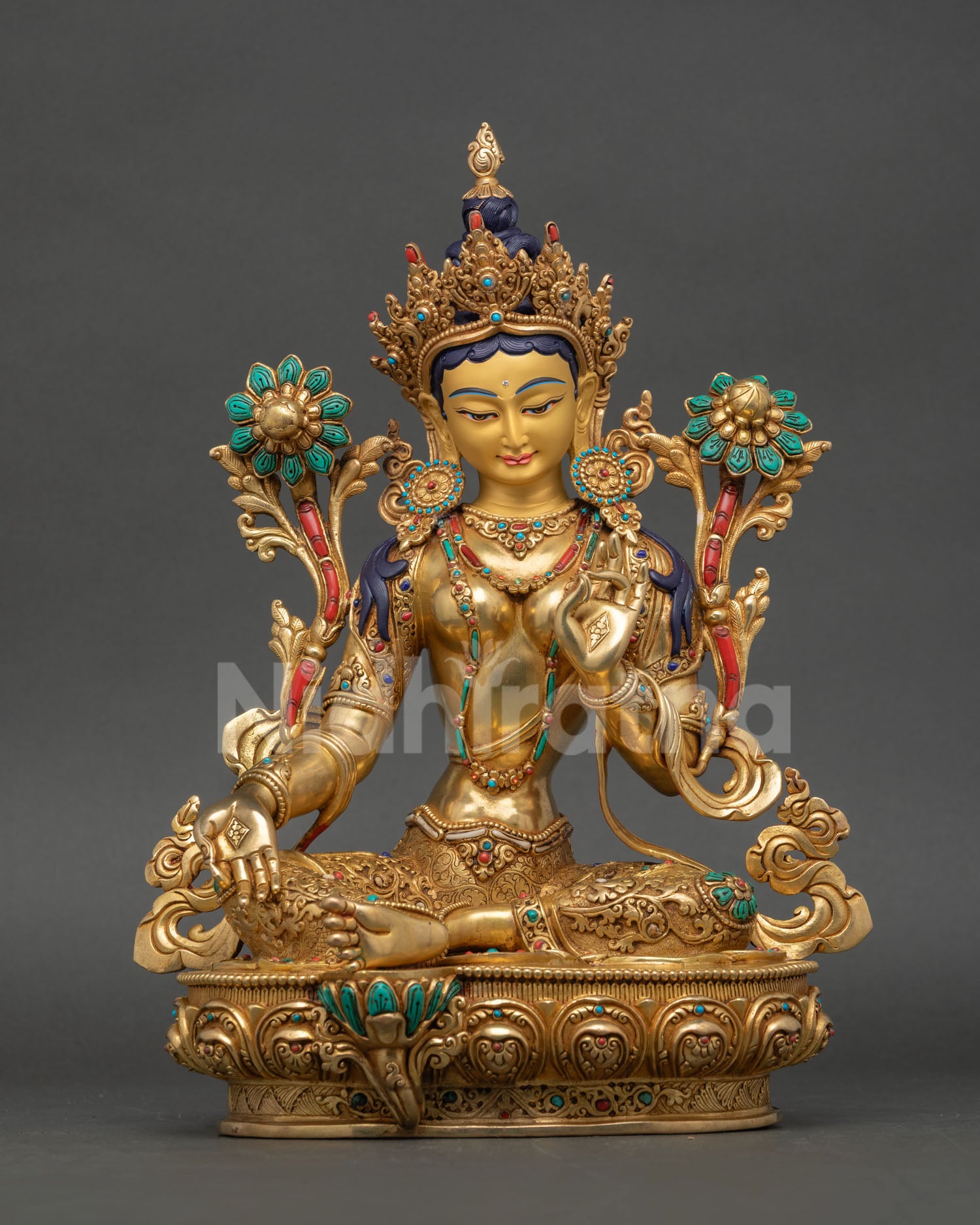 Green Tara Statue with 24K gold gilding and traditional Nepalese craftsmanship