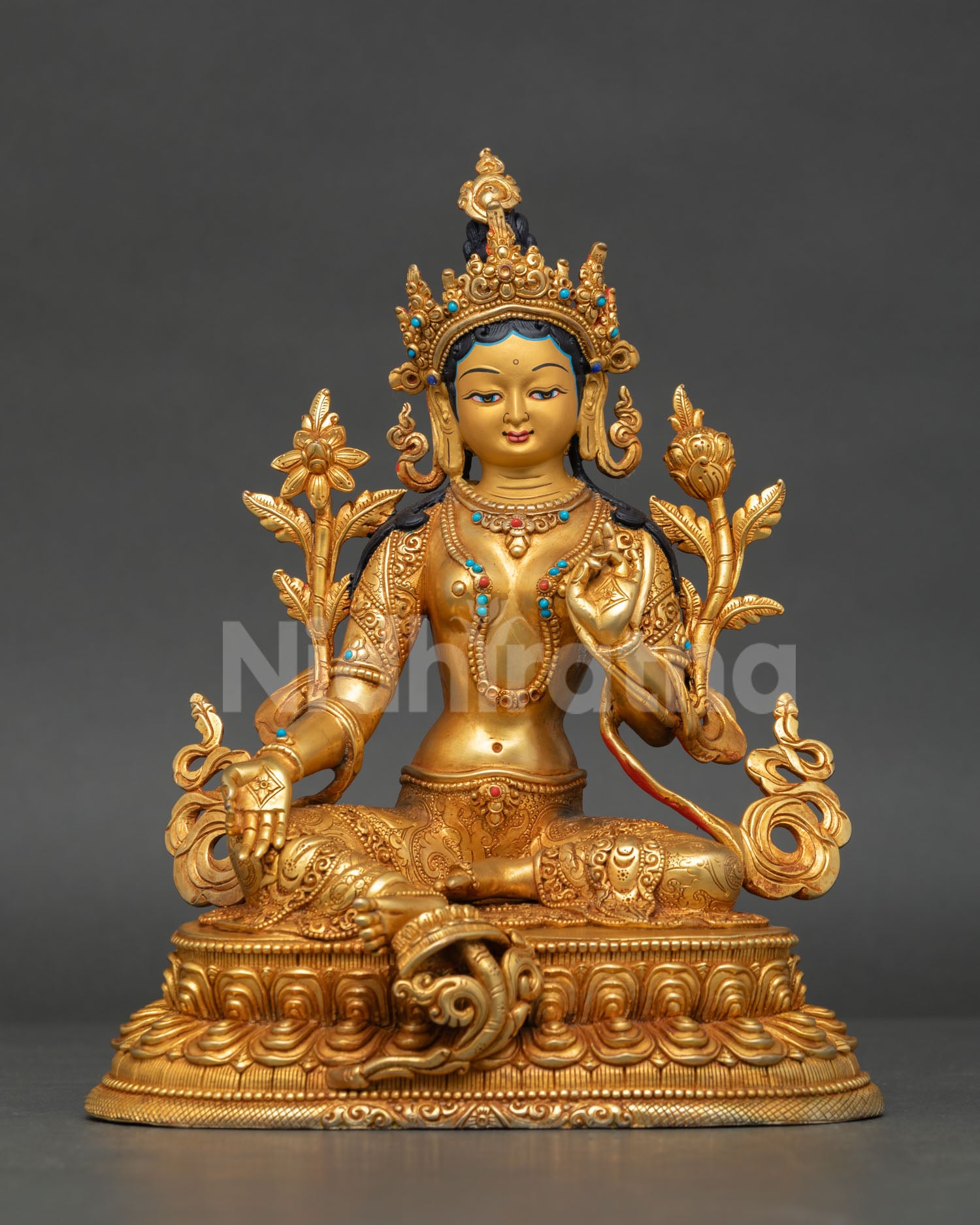 Green Tara Statue with 24K gold gilding seated on lotus throne handcrafted in Nepal