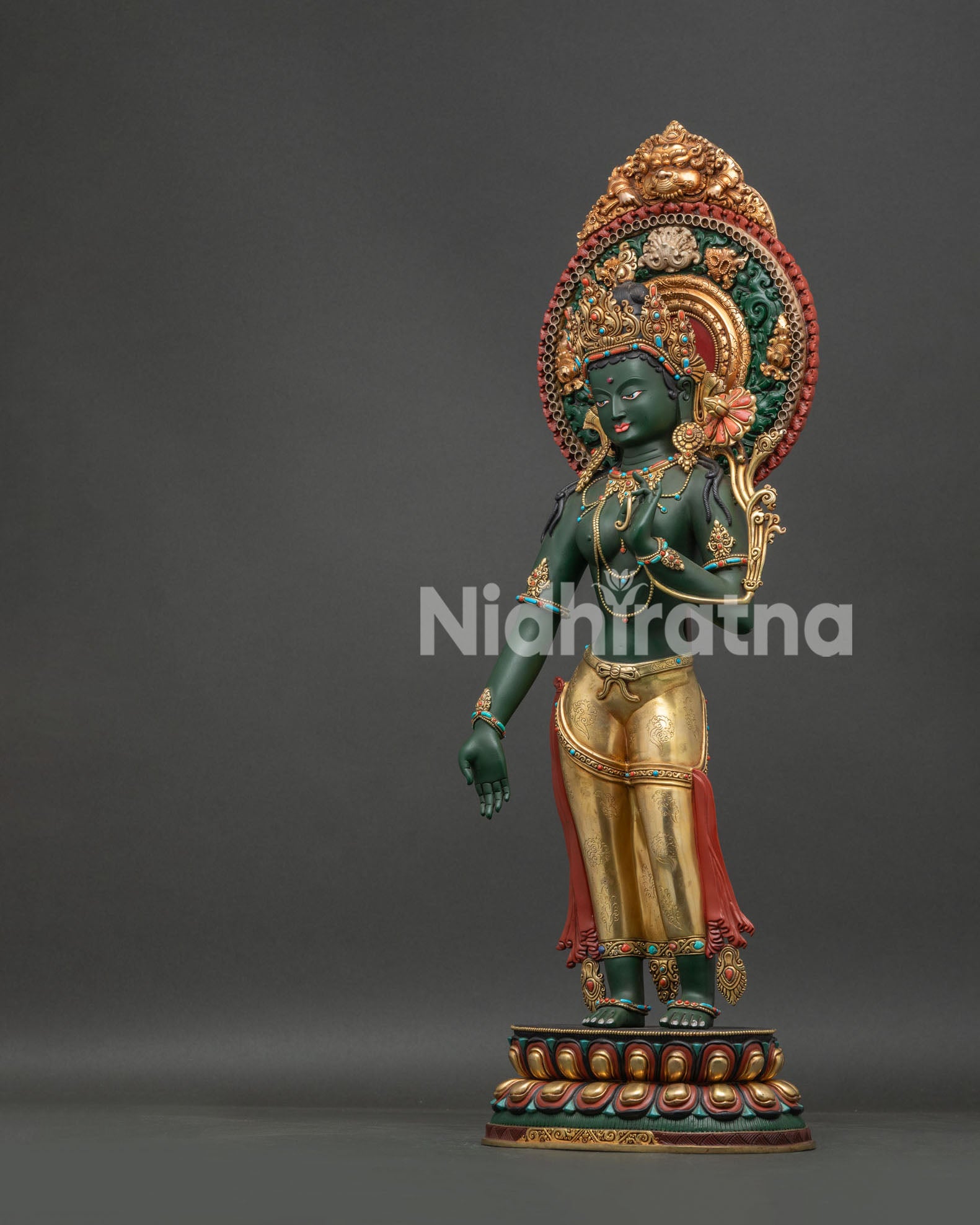 Green Tara Statue with jeweled diadem crown and kirtimukha aureole, Buddhist art