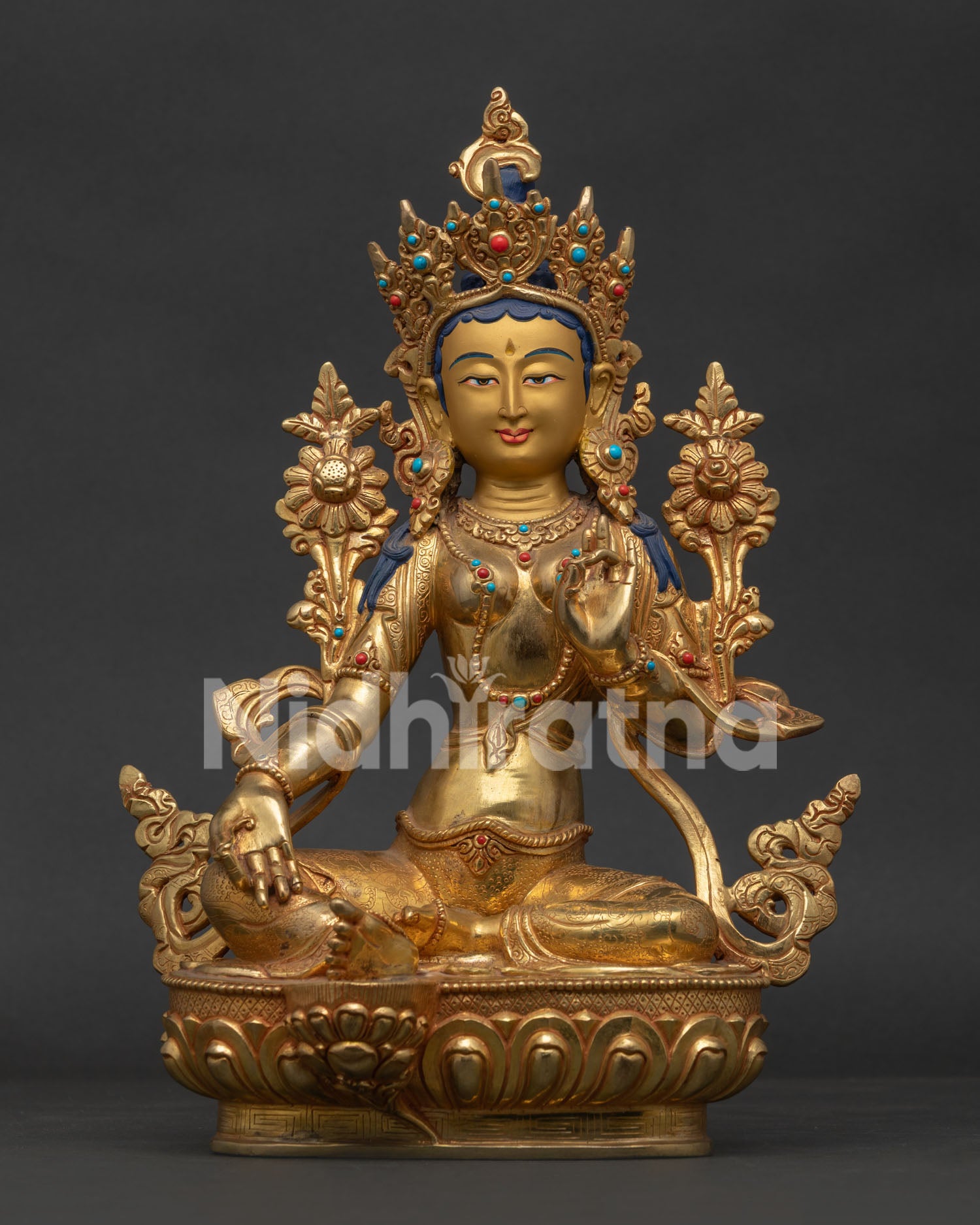 Green Tara with Semi Precious Stone Crown and Flowing Scarf.