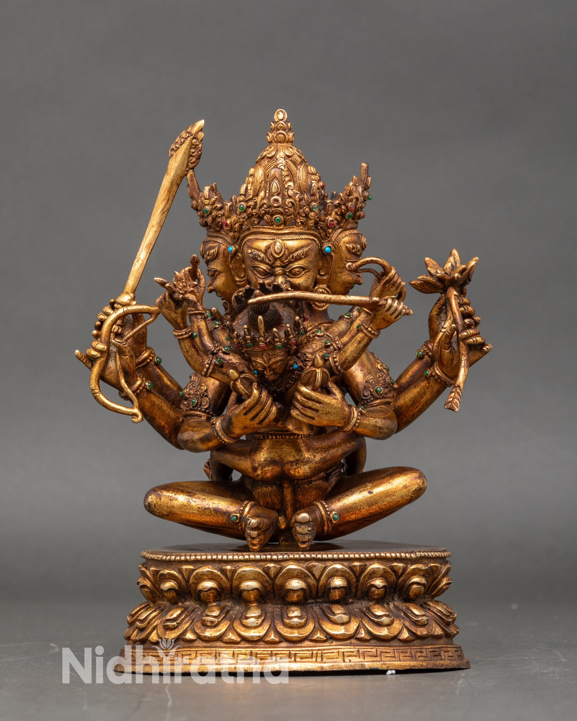 Guhyasamaja Manjushri statue front handcrafted antique finish copper gold