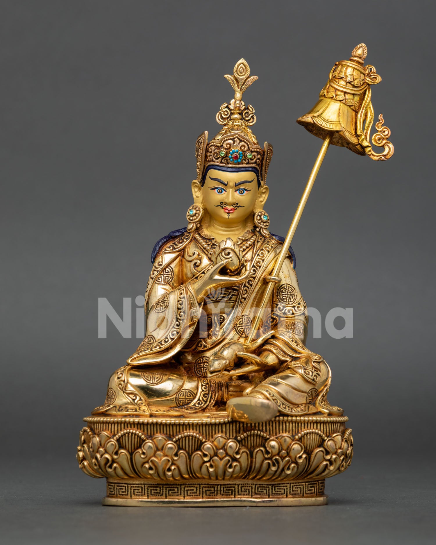Guru Norla statue, handcrafted in Nepal with 24K gold gilding semi precious stones and intricate carvings