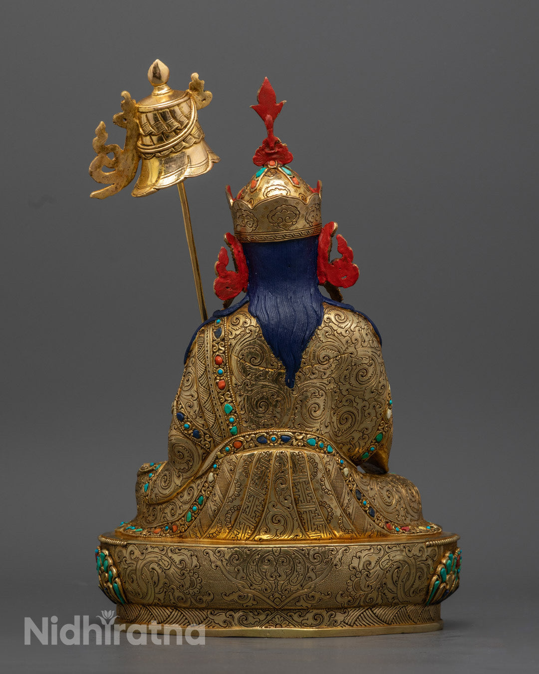 Guru Norlha Statue back view, gold gilded copper Padmasambhava sculpture