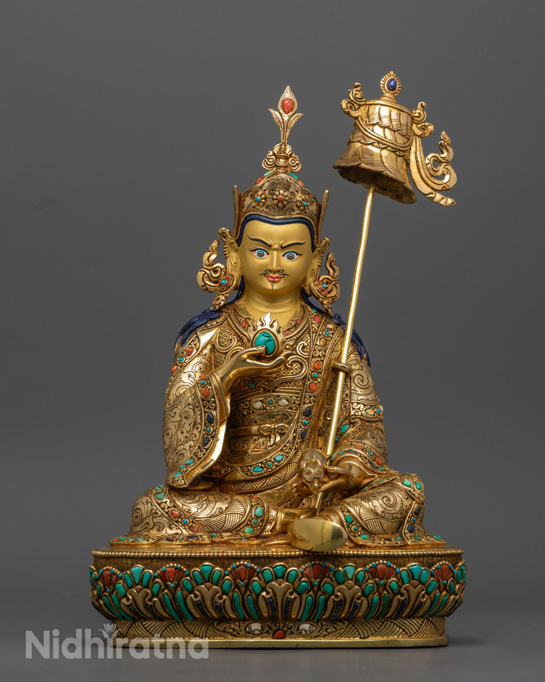 Guru Norlha Statue front view, 24K gold gilded copper Padmasambhava sculpture