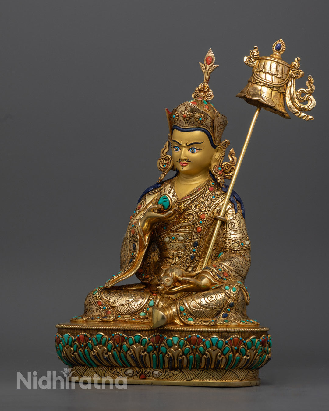 Guru Norlha Statue left side view, 24K gold gilded copper sculpture