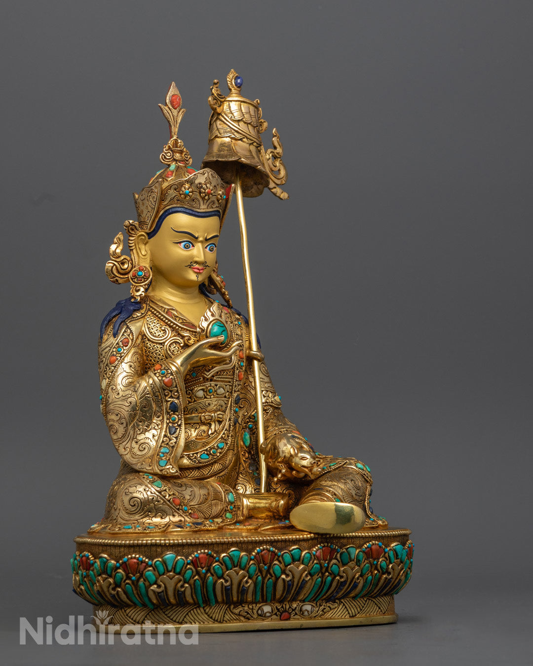 Guru Norlha Statue right side view, 24K gold gilded copper sculpture