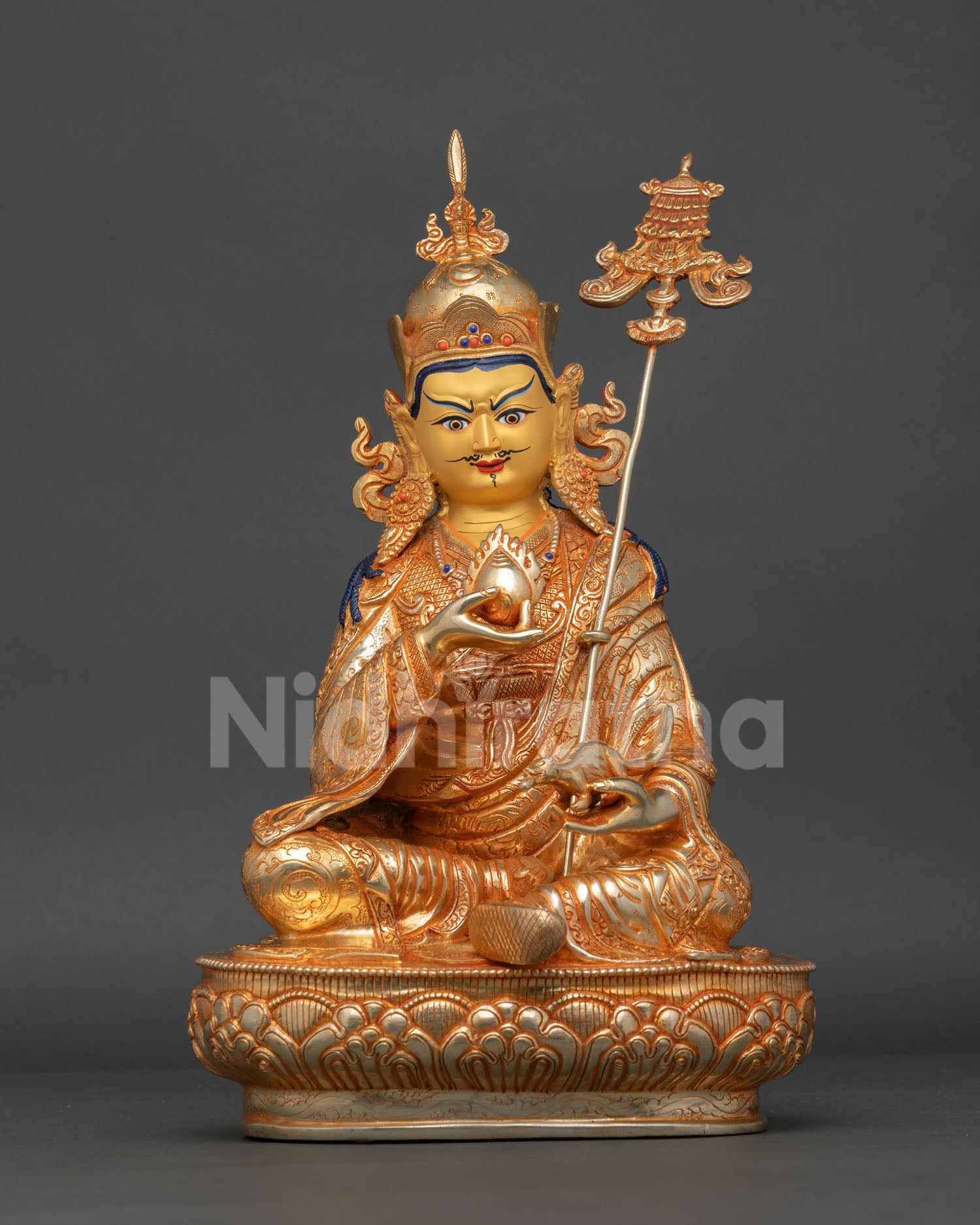 guru norlha statue tibetan buddhist deity sculpture copper and 24k gold nepal handcrafted front view