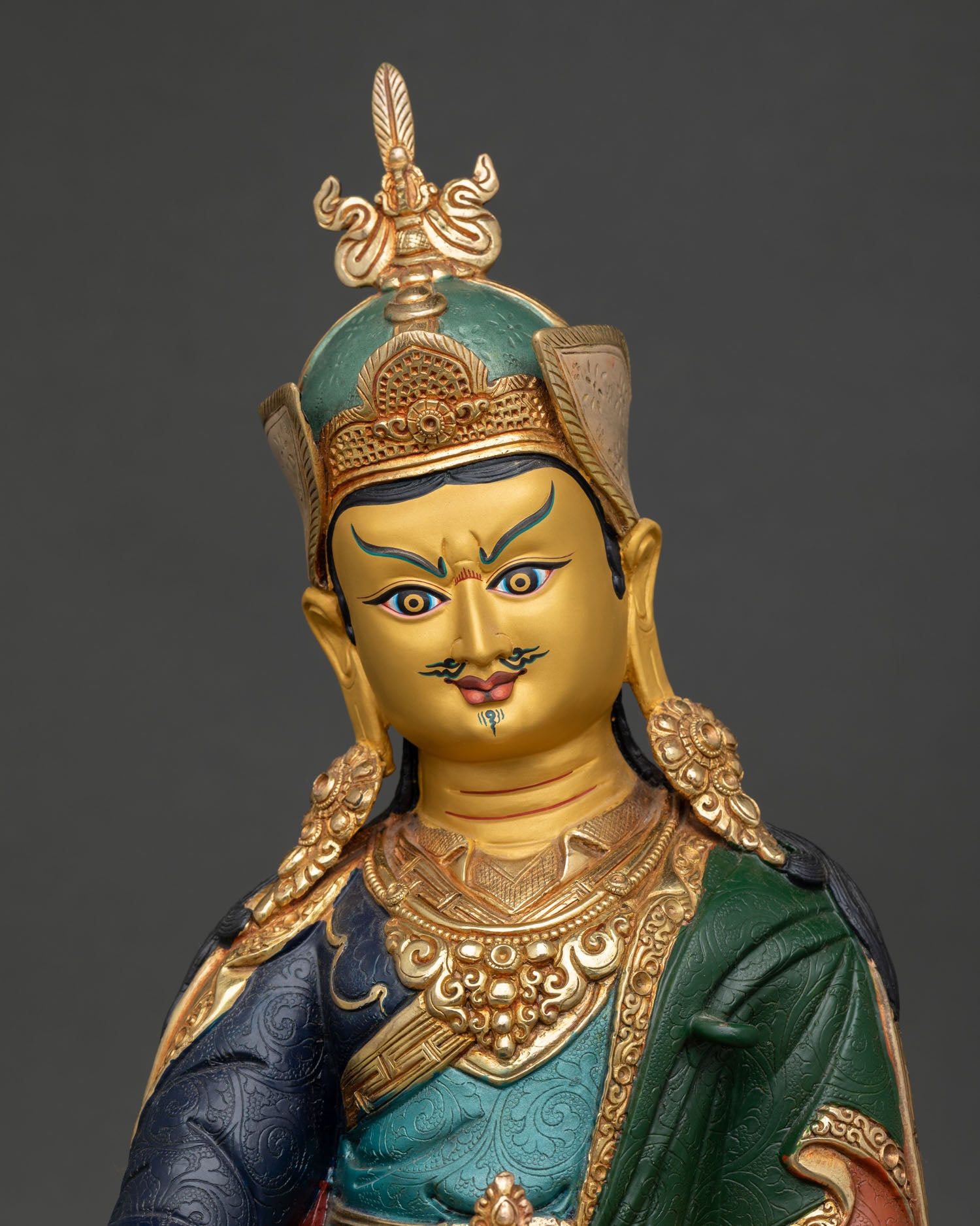 Guru Padmasambhava Statue Copper Gold Gilded Regular Close Up