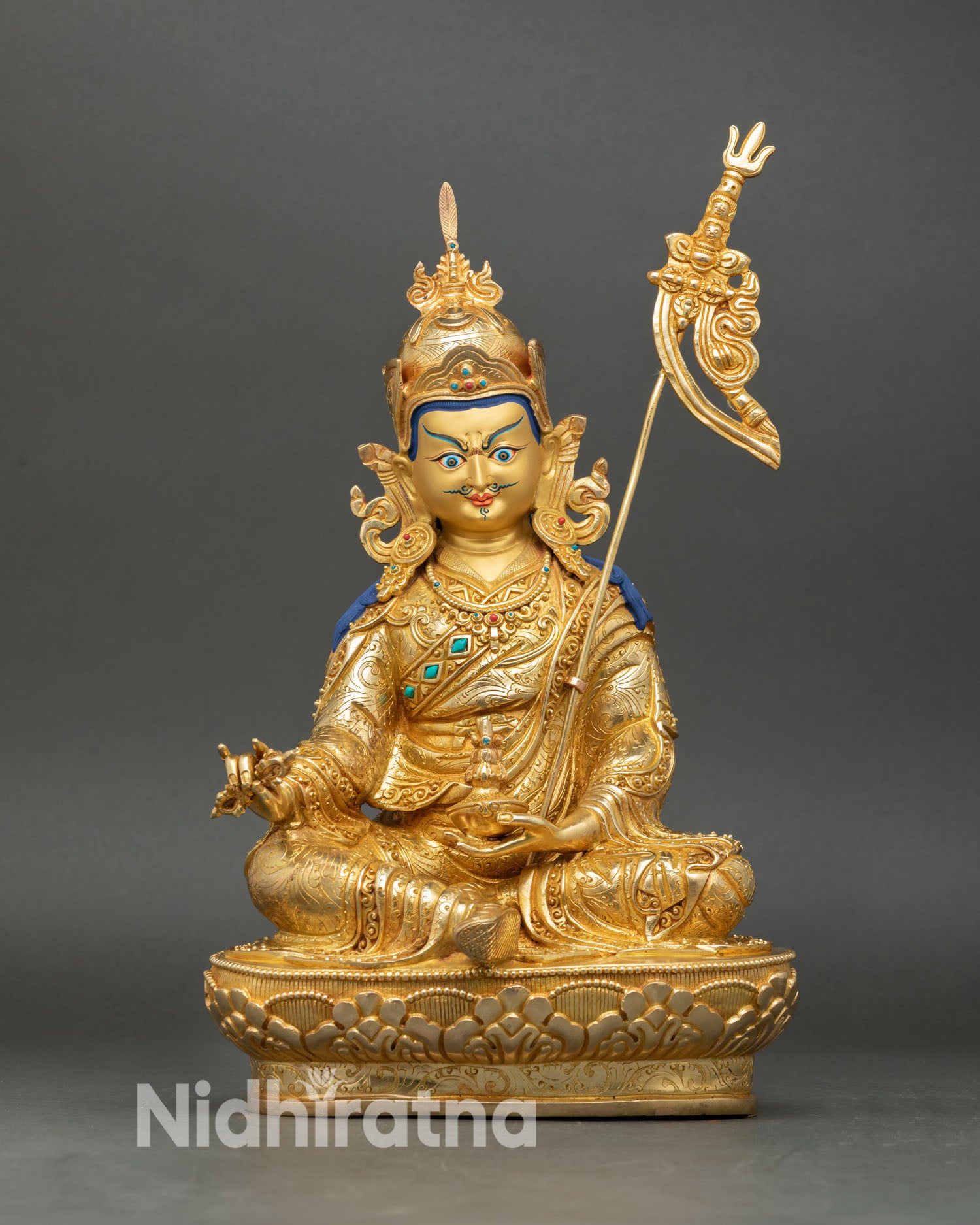 Guru Padmasambhava statue handcrafted nepal front view copper gold gilded semi precious stones