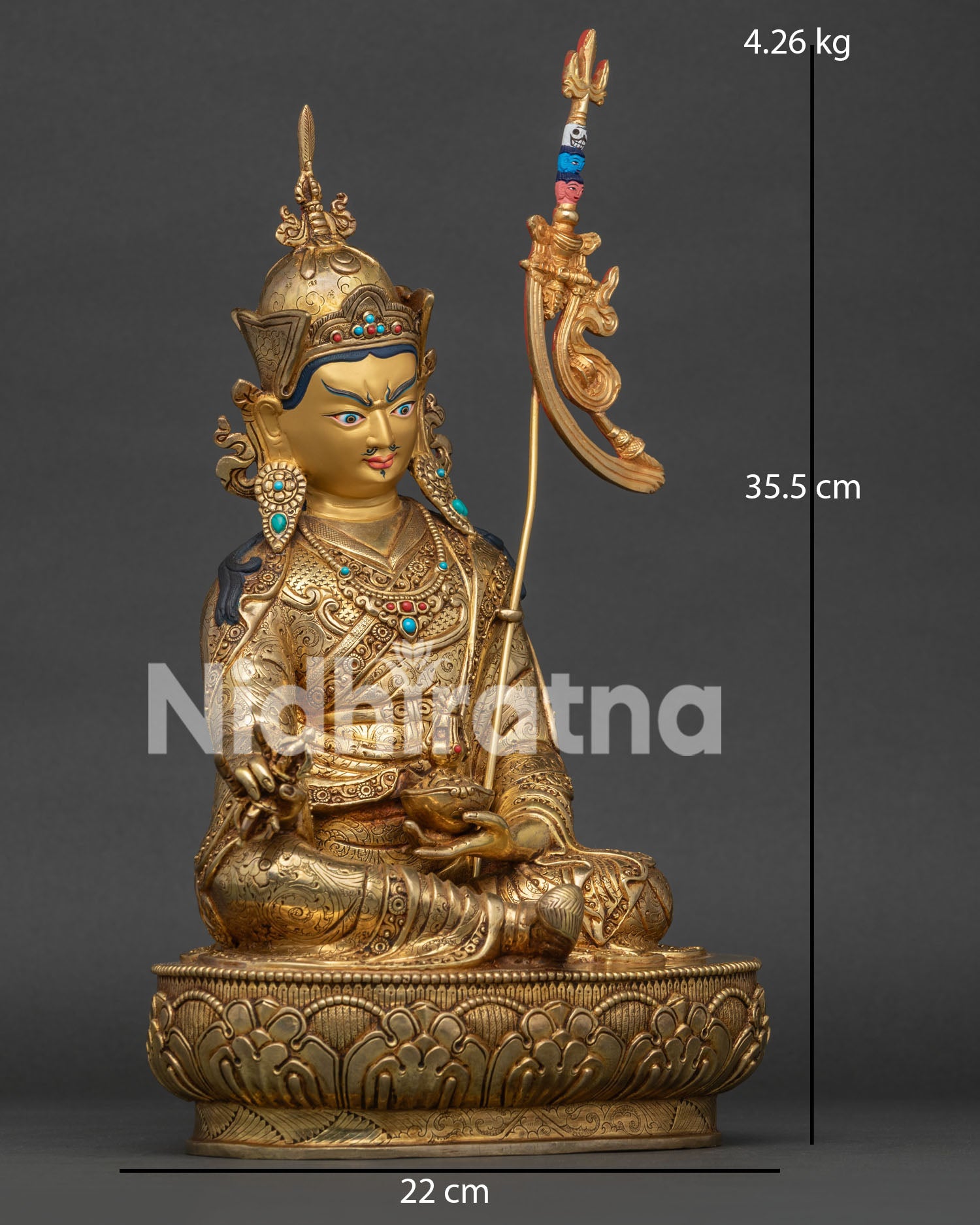 Guru Rinpoche Detailed Right Side View with Khatvanga and Sacred Buddhist Details.