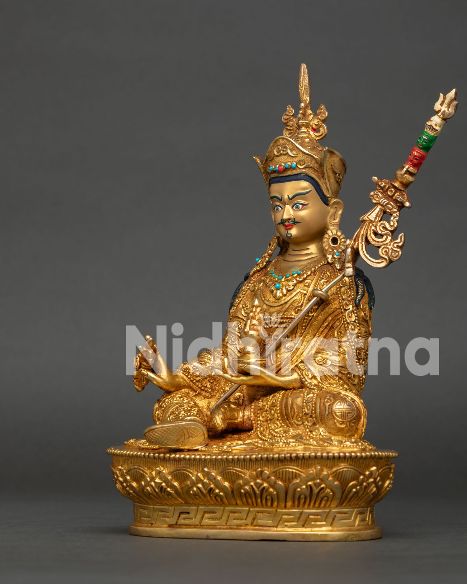 Guru Rinpoche Padmasambhava Statue with Vajra Kapala and Khatvanga on Lotus Throne.