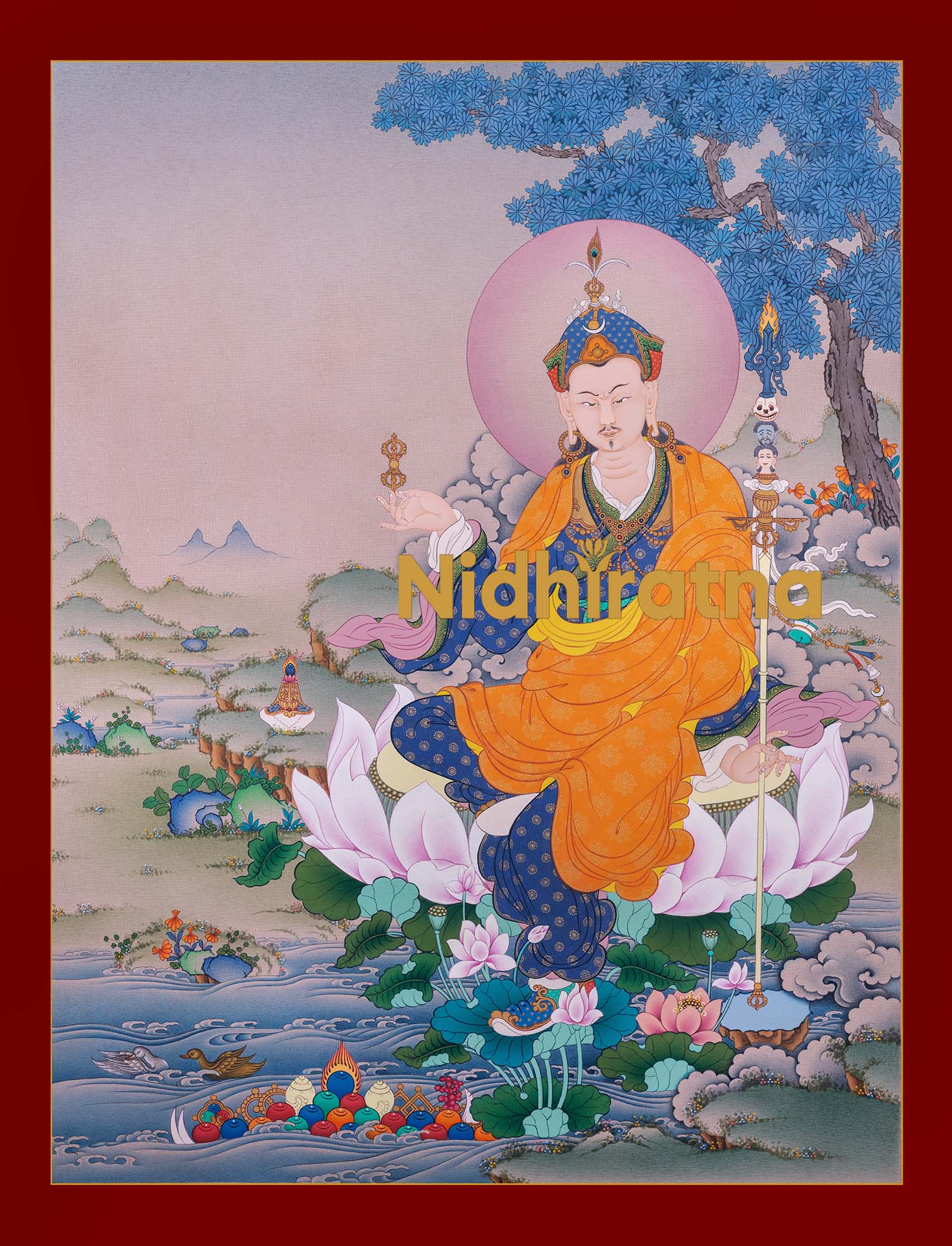 Guru Rinpoche Padmasambhava thangka print on premium canvas with lotus throne and serene Himalayan landscape