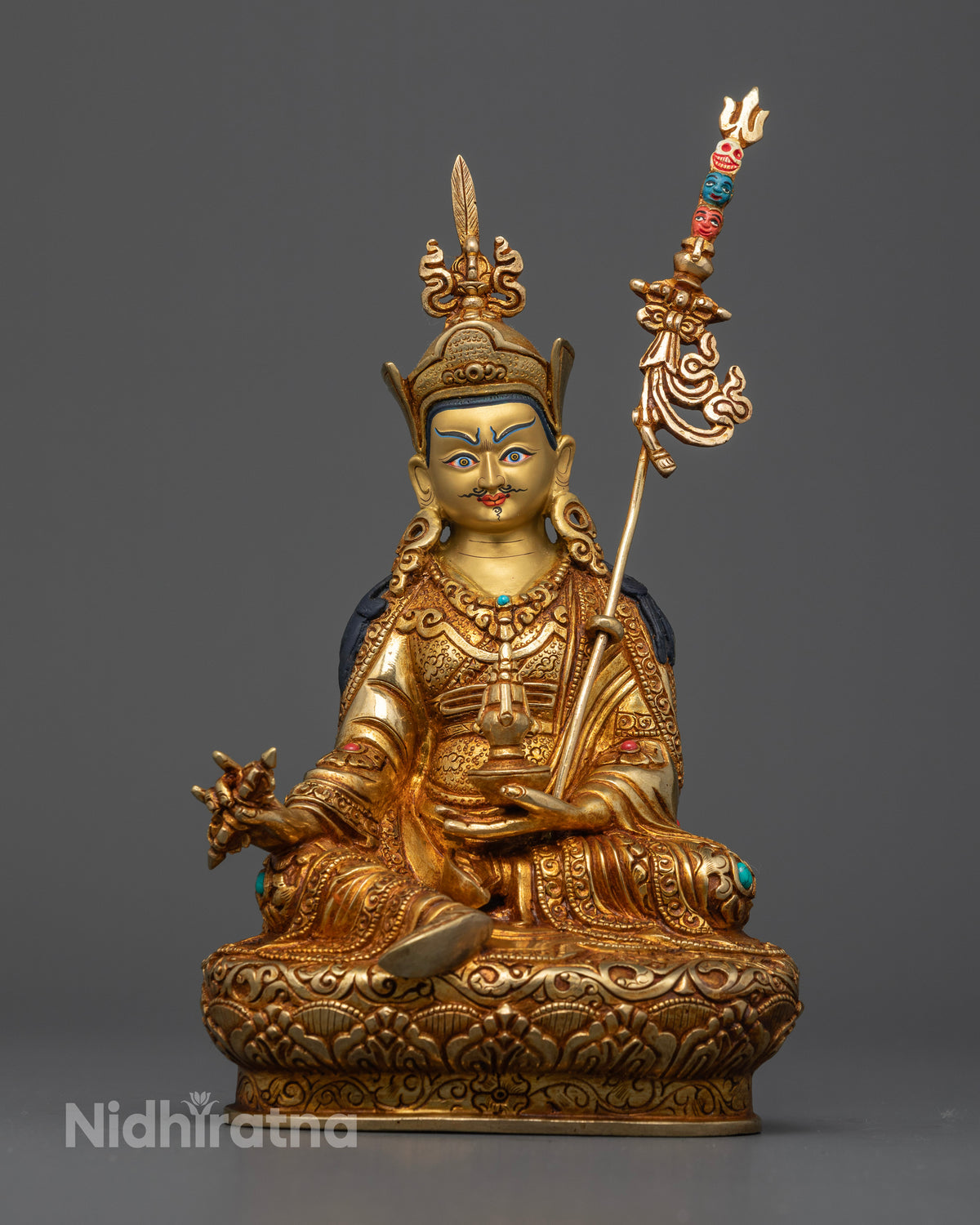 Guru Rinpoche statue with 24K gold gilding and semi-precious stones