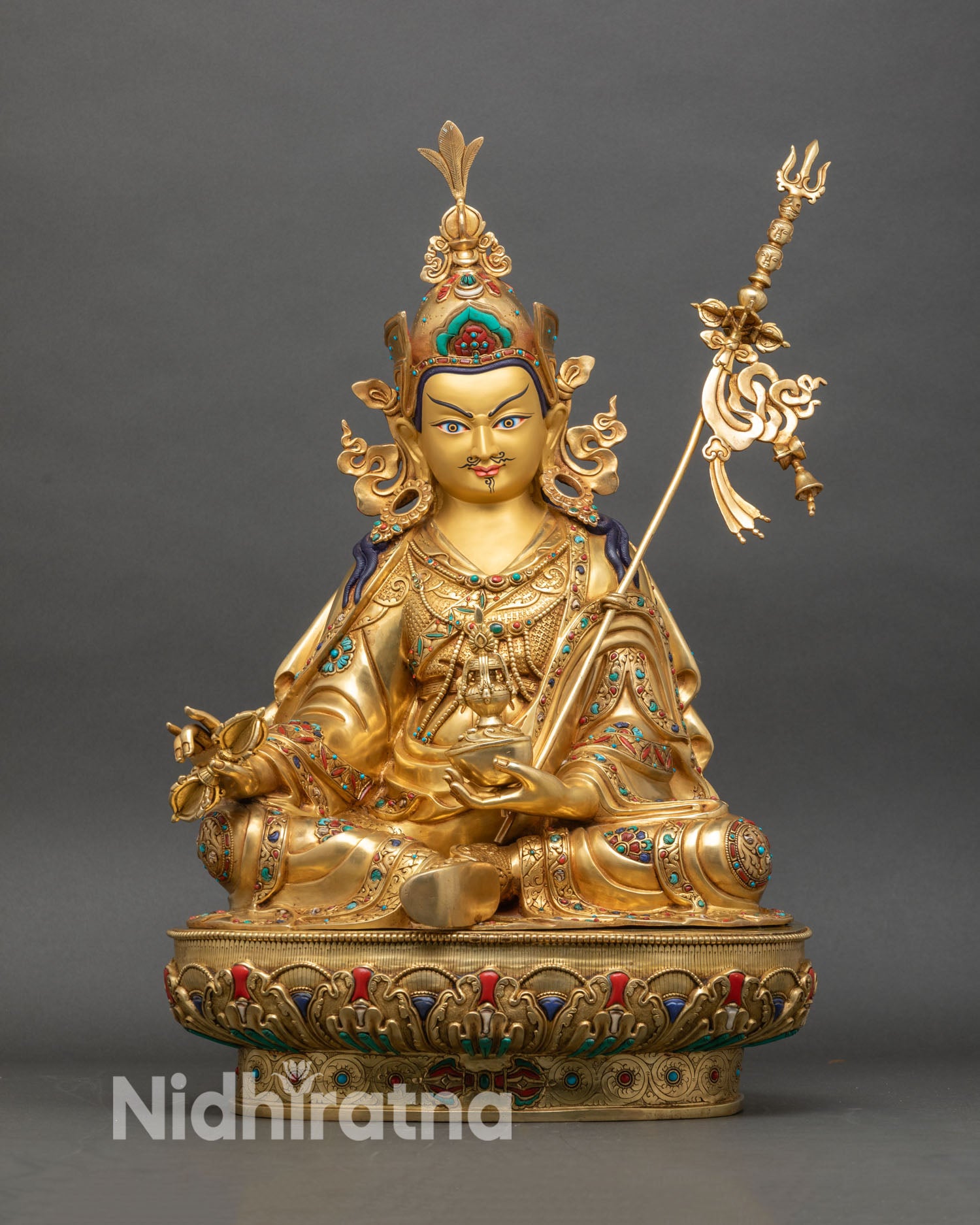 Guru Rinpoche statue standing lotus pedestal gold fire-gilded copper nepal
