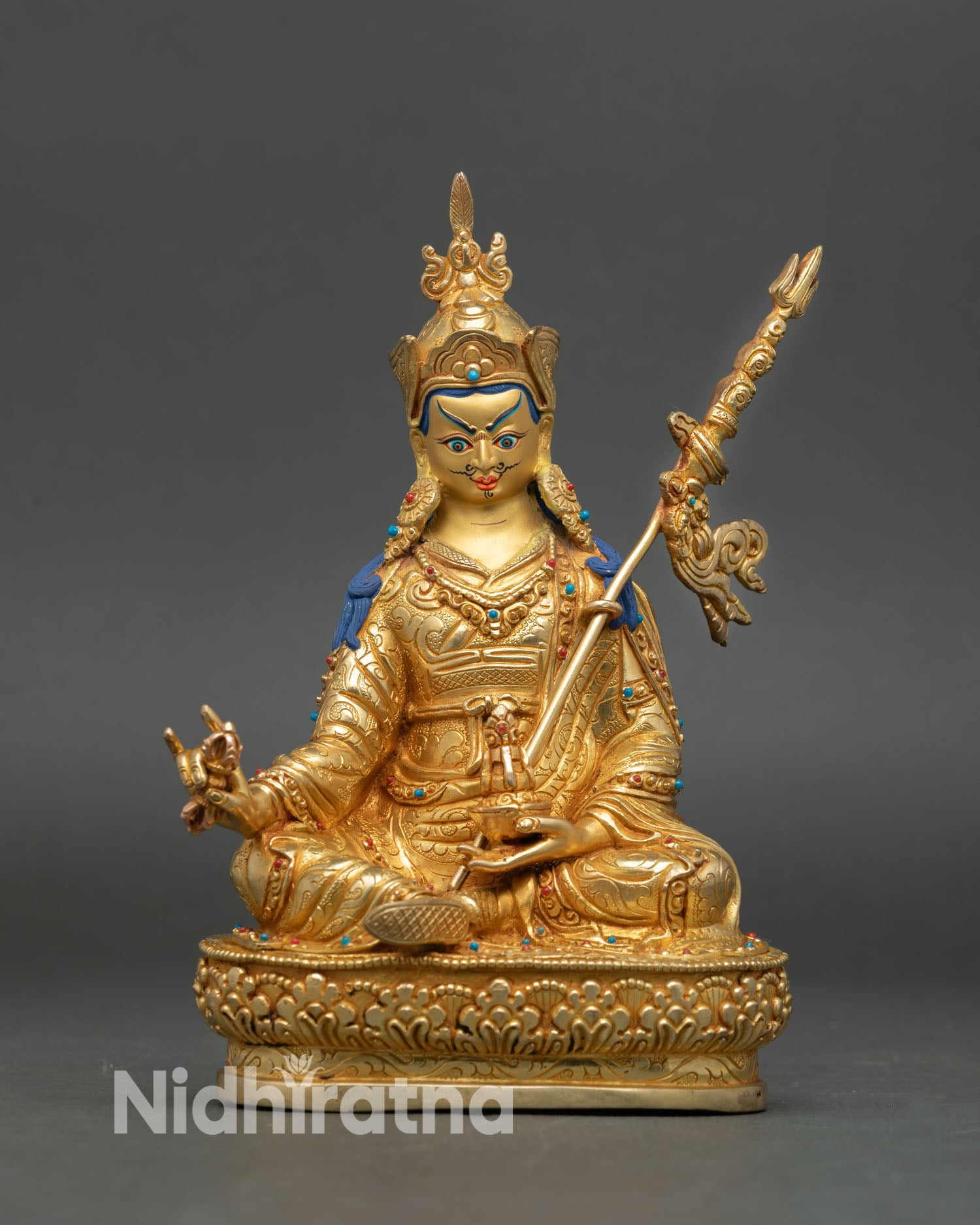 Guru Rinpoche statue front view 24k gold gilded copper sculpture